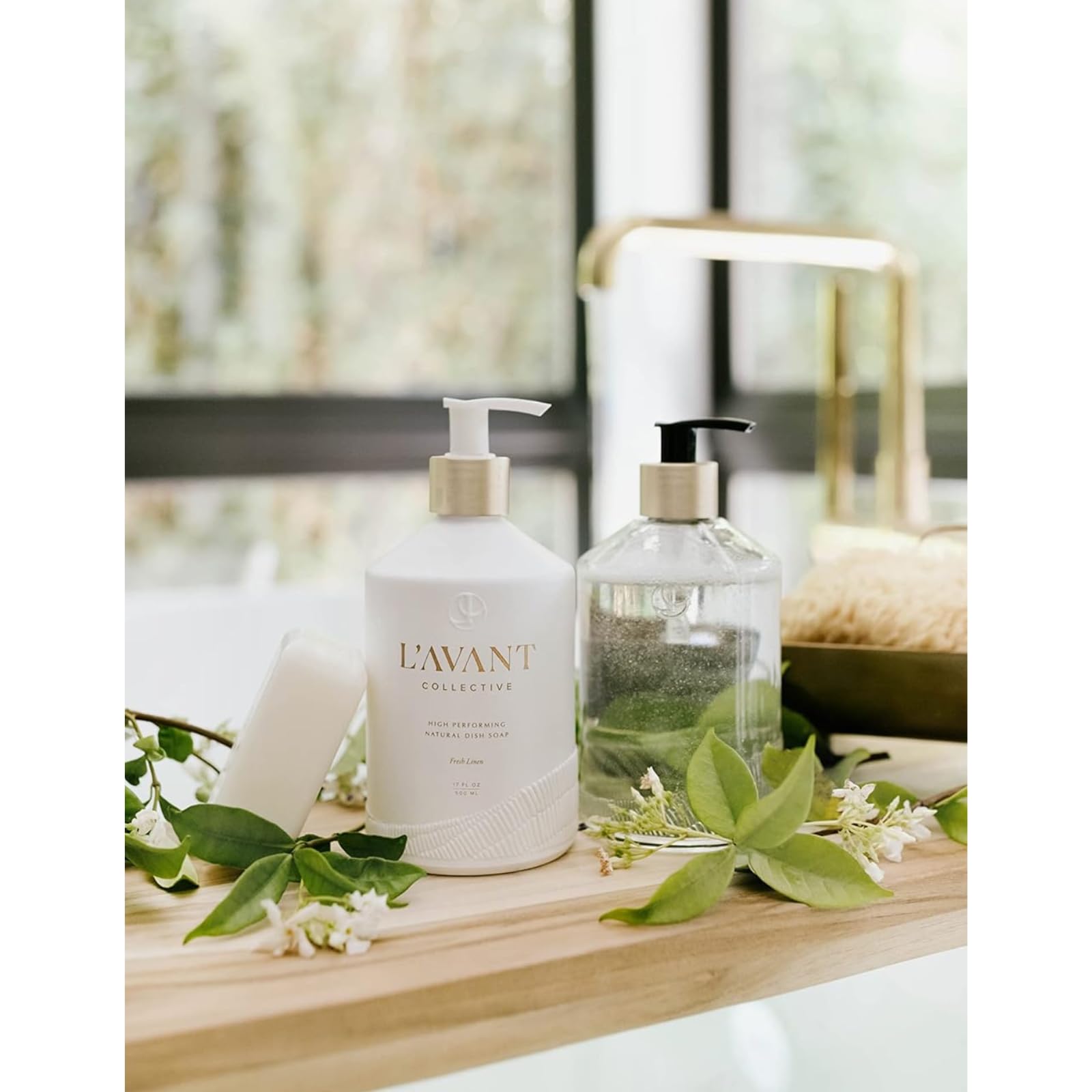 L'AVANT Collective Deluxe Dish & Hand Soap Duo Set with Elegant Lucite Tray - Plant-Based Formula, Fresh Linen Scent, Luxury Glass Bottles - Perfect for Kitchen, Bathroom & Hostess Gifts