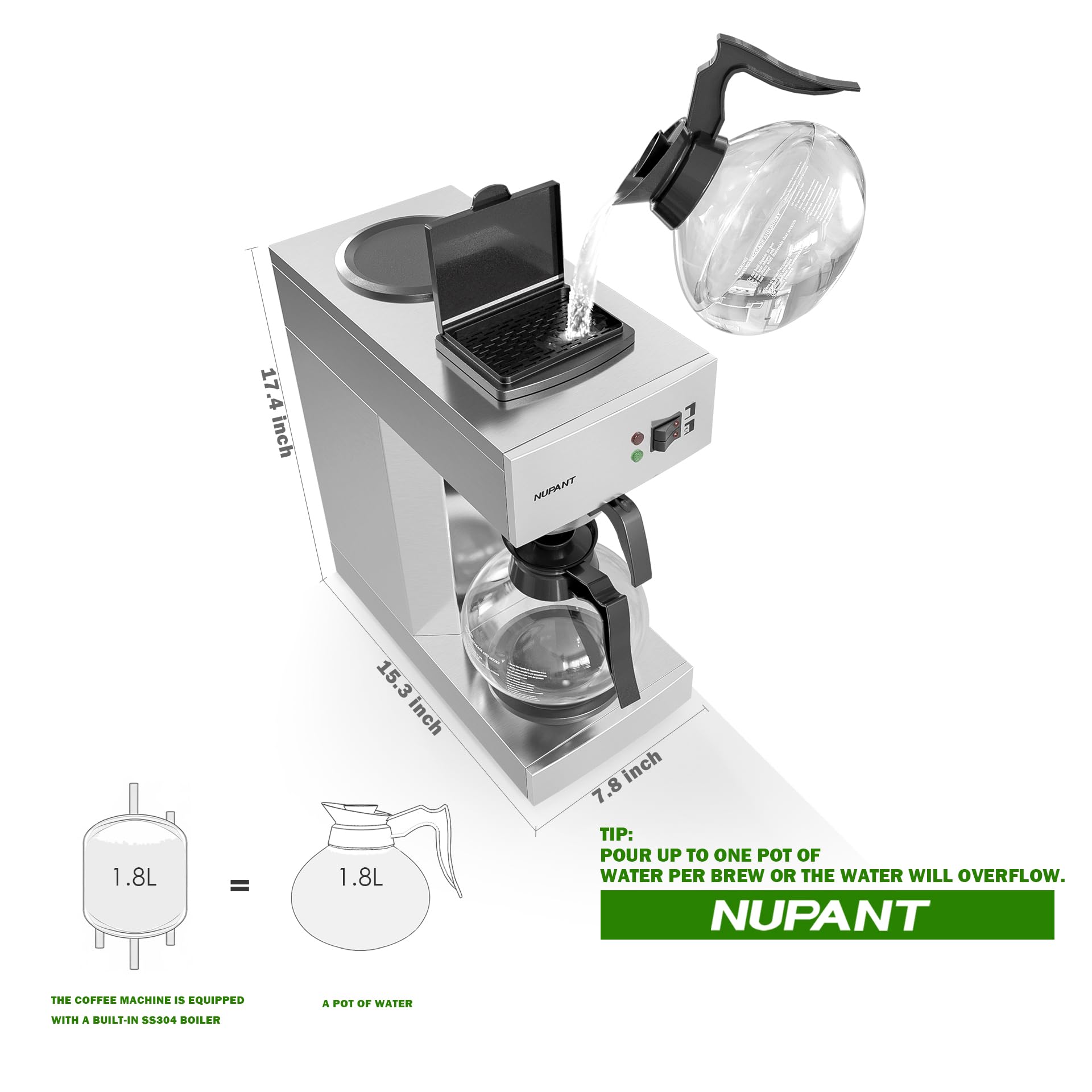 12-Cup Commercial Drip Coffee Maker 1.8L with 2 Glass Carafes & Warming Plates - Stainless Steel Pour Over Coffee Machine for Coffee Bars, Restaurants & Office Break Rooms - Perfect for High Volume Brewing & All-Day Fresh Coffee Service