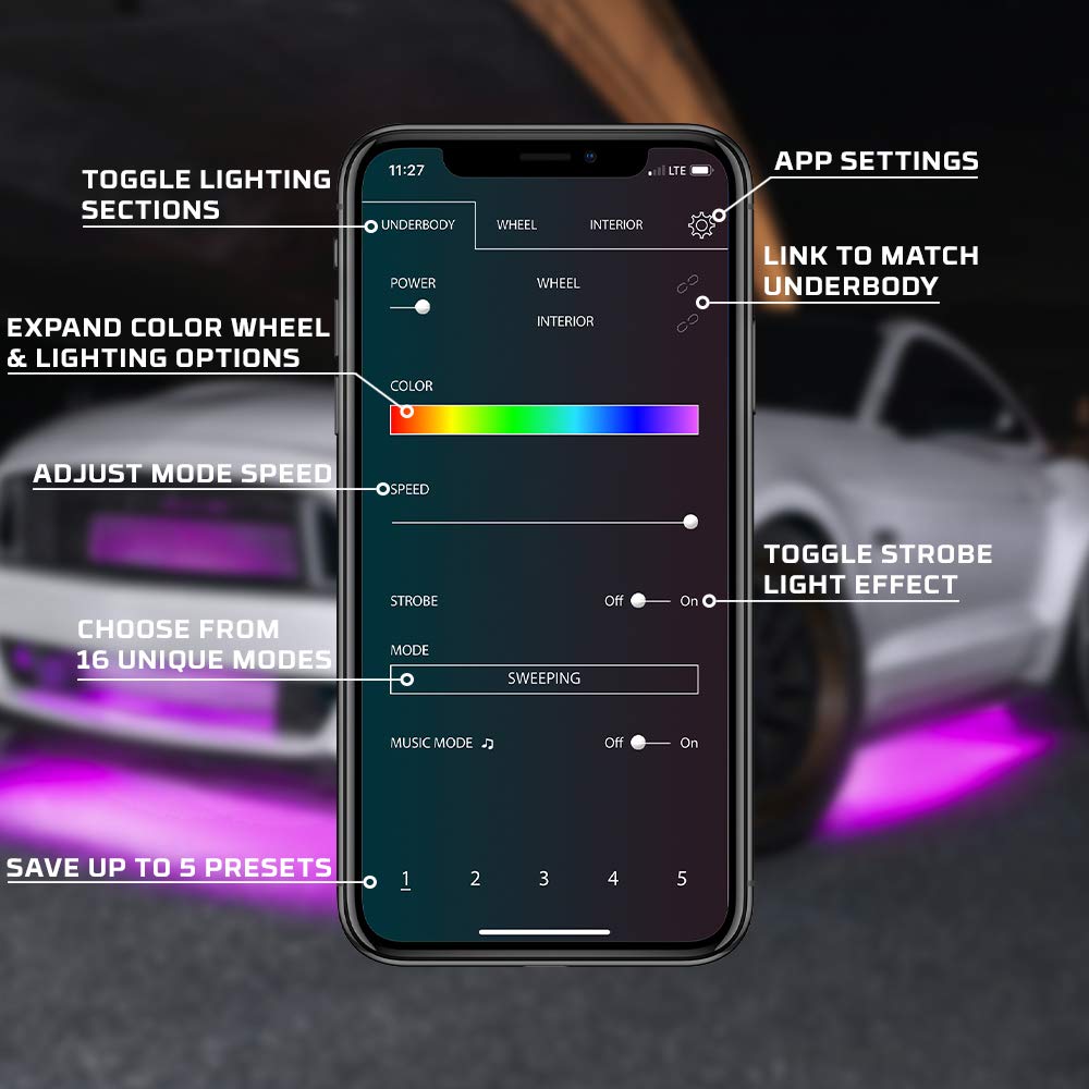 LEDGlow 4-Piece Bluetooth RGB LED Underbody Underglow Kit & 6-Piece Interior Footwell Lighting for Cars - 16 Million Colors - Smartphone App Control - Customizable Mood Lighting for Car Shows, Night Driving & Vehicle Customization