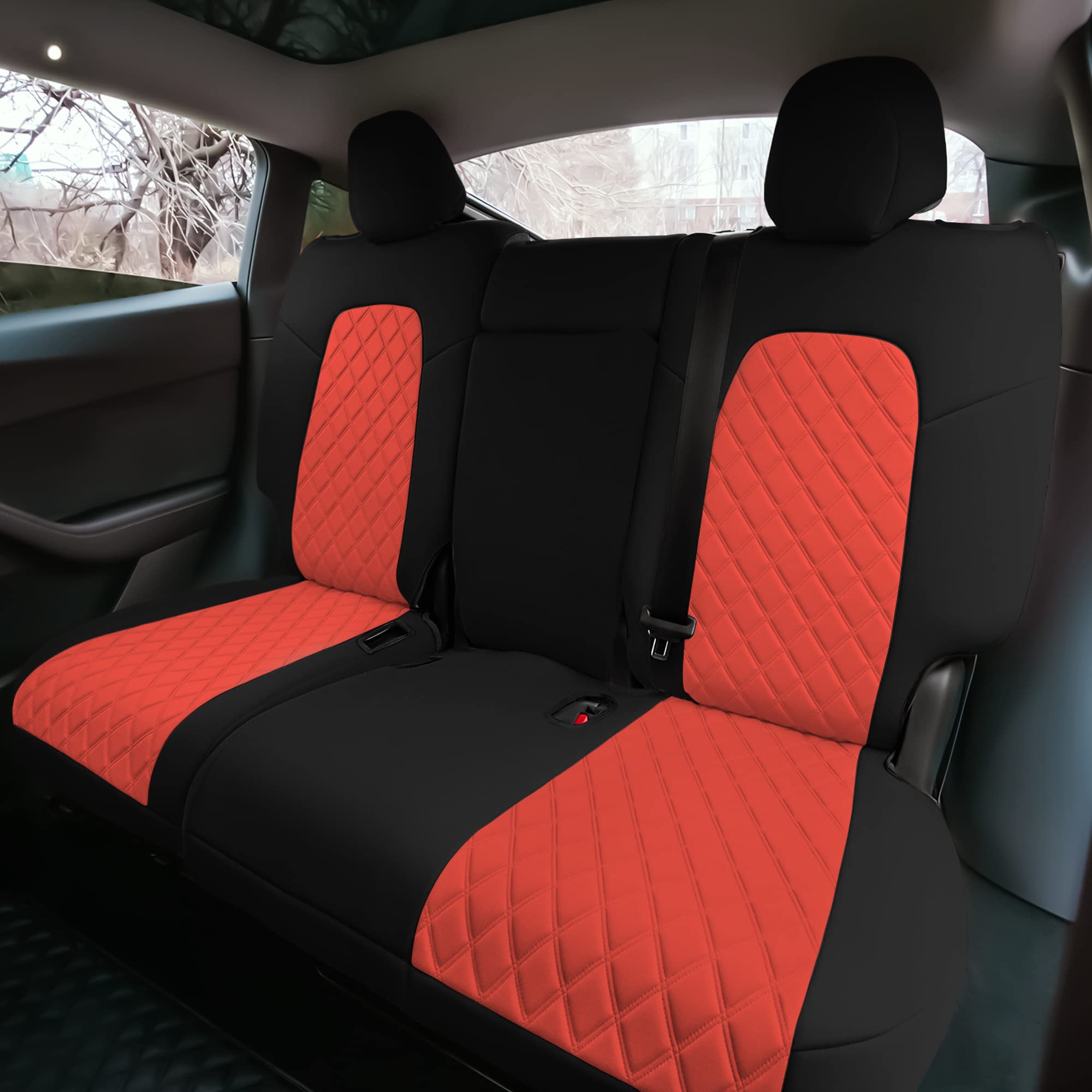 Custom Fit Waterproof Red Seat Covers for Tesla Model Y 2020-2024 | Full Set Premium Automotive Interior Accessories | Perfect for Road Trips & Daily Commute