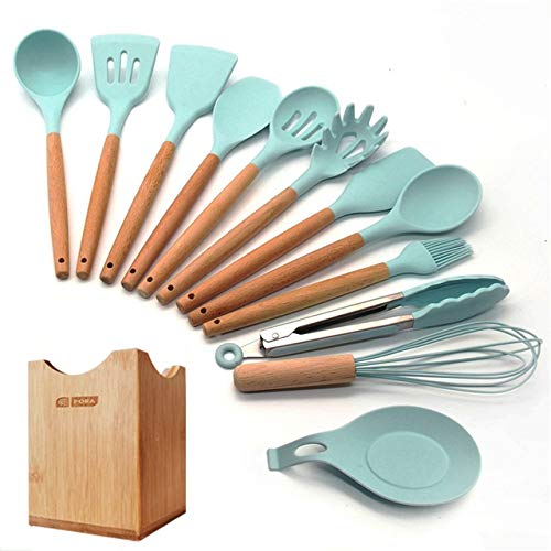 11/12/13Pcs Green Silicone Kitchen Utensils Set - Nonstick Cooking Accessories with Spoon & Spatula for Baking, Frying & Everyday Cooking