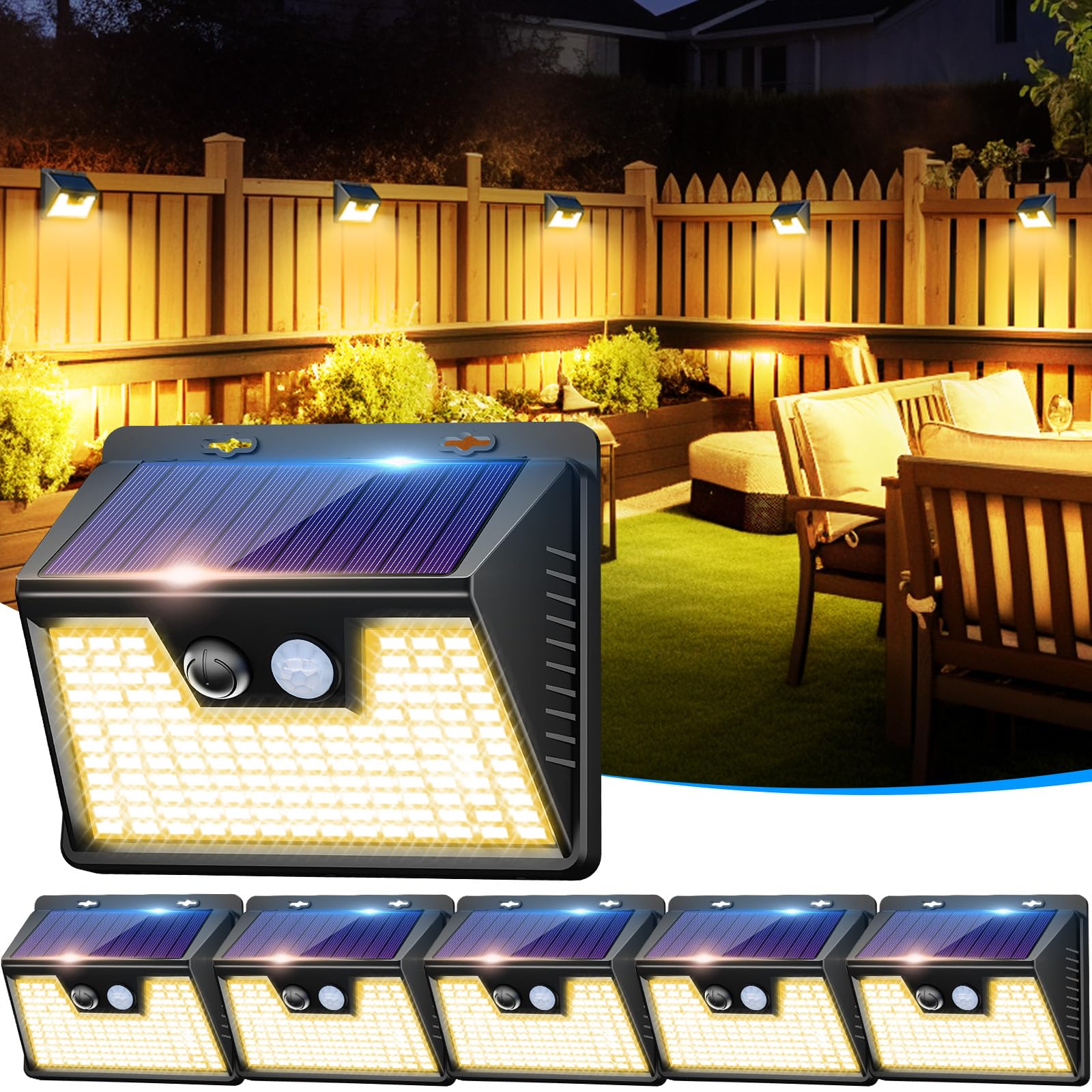 6 Pack Solar Lights Outdoor - 140 LED Motion Sensor Solar Powered Lights with 3 Modes, IP65 Waterproof Wireless Outdoor Lighting for Deck, Steps, Fence, Patio, Front Door & Pathway - Warm White | Perfect for Garden, Yard, Walkway & Nighttime Safety