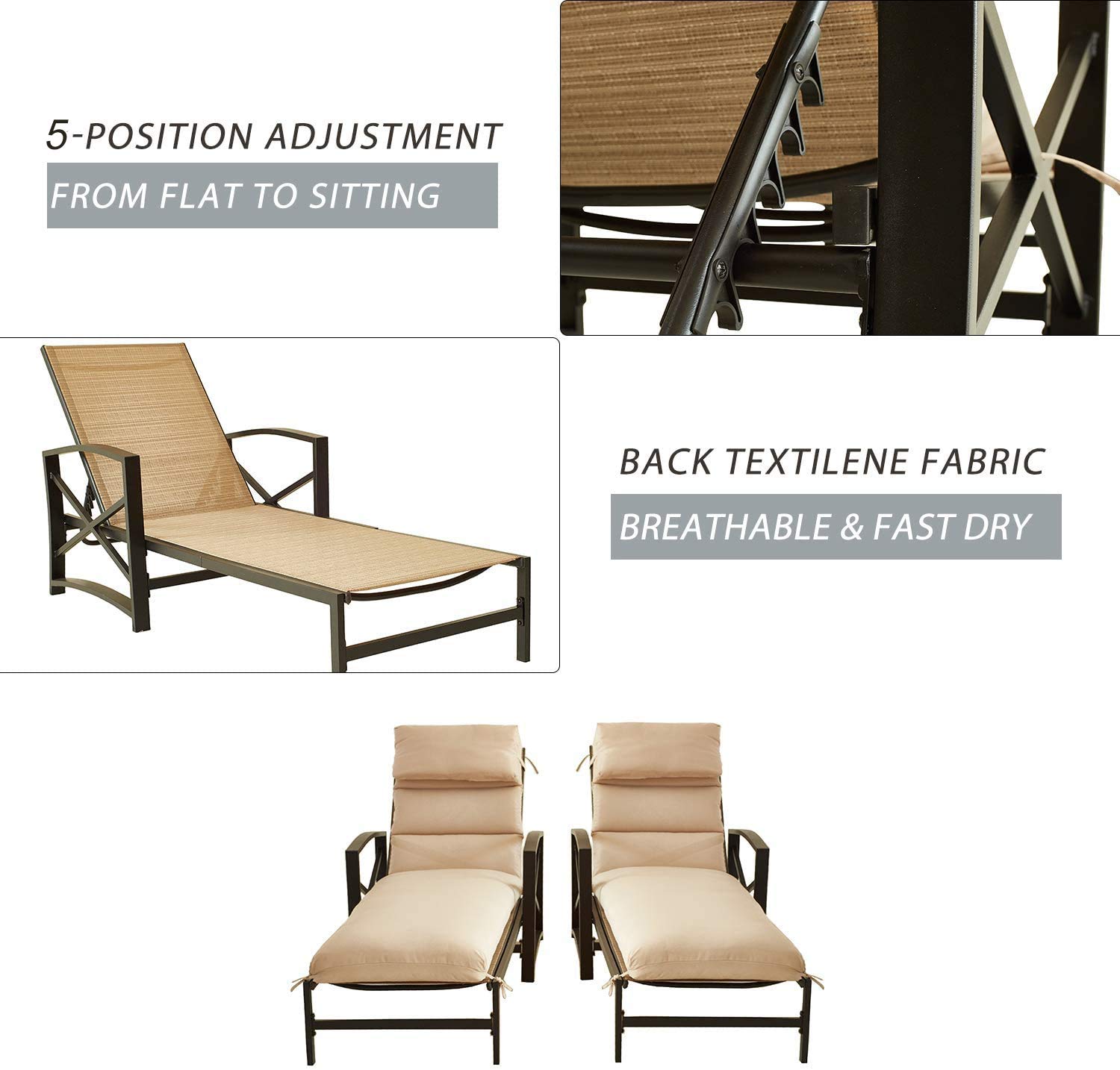 Premium 2-Piece Outdoor Chaise Lounge Set with Cushions - Patio Recliner Chairs with Metal Frame & Soft Headrests - Durable Khaki Fabric for Garden, Poolside & Backyard Relaxation
