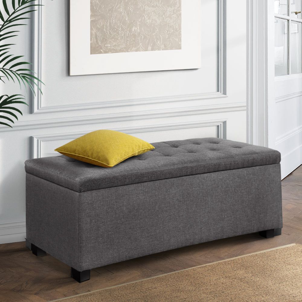 Artiss Storage Ottoman Blanket Box 97cm Linen Grey - Foldable Footrest Seat with Hidden Storage for Living Room, Bedroom & Nursery - Perfect for Organizing Blankets, Toys and Home Decor