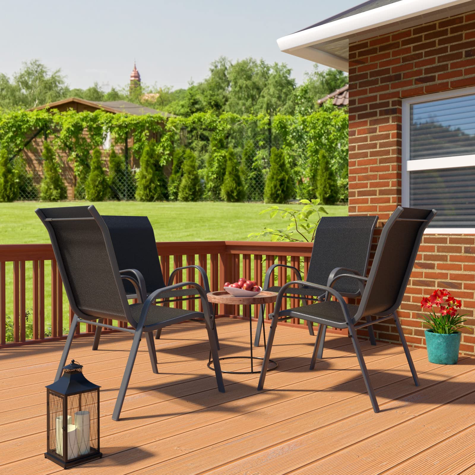 Amopatio 4-Piece Stackable Patio Chair Set - All-Weather Outdoor Dining Chairs, Breathable Garden Furniture for Backyard, Deck, Poolside - Black (Perfect for Outdoor Entertaining & Relaxation)