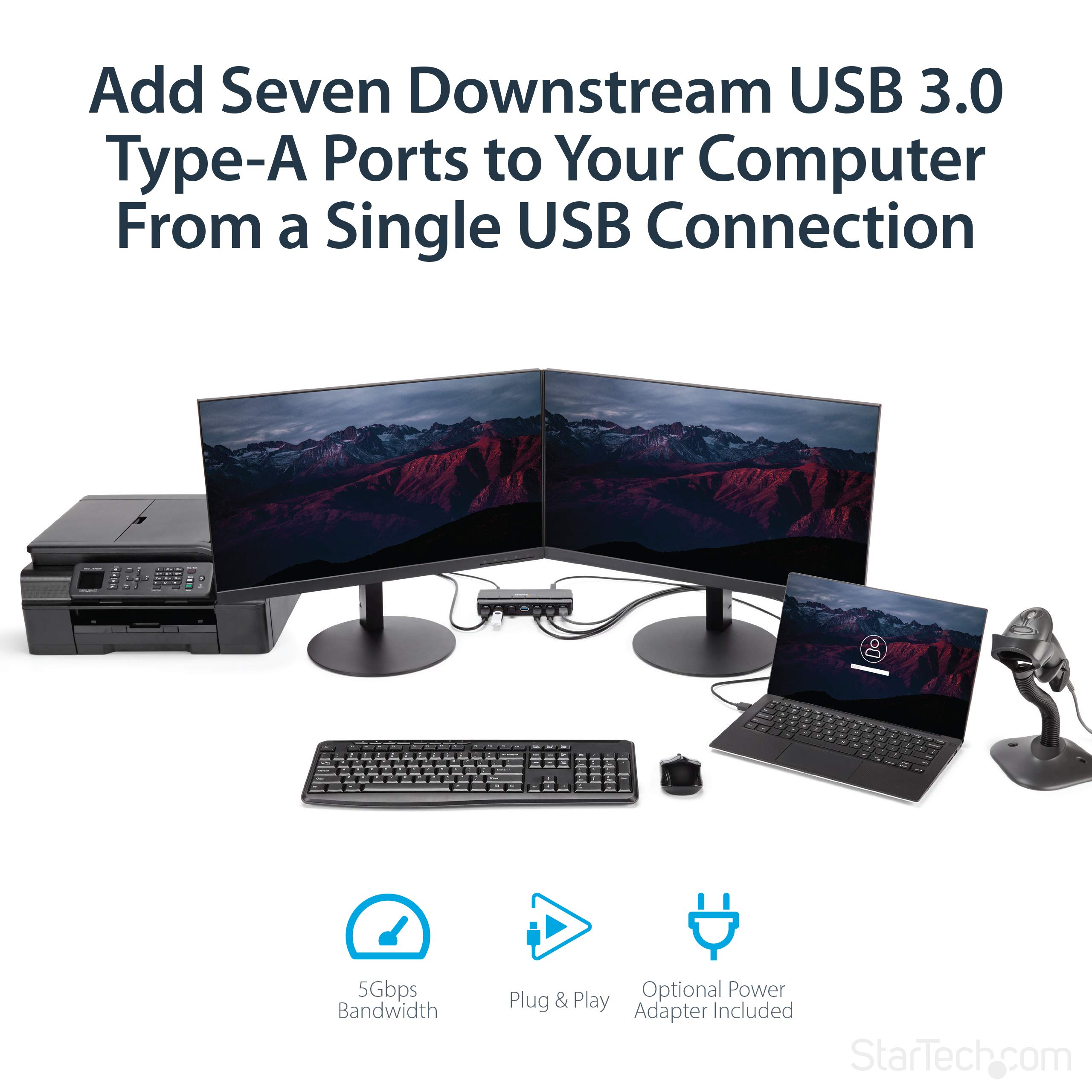 StarTech.com 7-Port USB 3.0 Hub with 5Gbps Data Transfer - Black USB Expansion Hub for Desktop/Laptop - Connect Multiple Devices Like Keyboards, Mice & External Drives | Amazon Basics 6ft USB 3.0 A-Male to B-Male Cable (1.8m) - Perfect for Printers, Scanners & Audio Interfaces