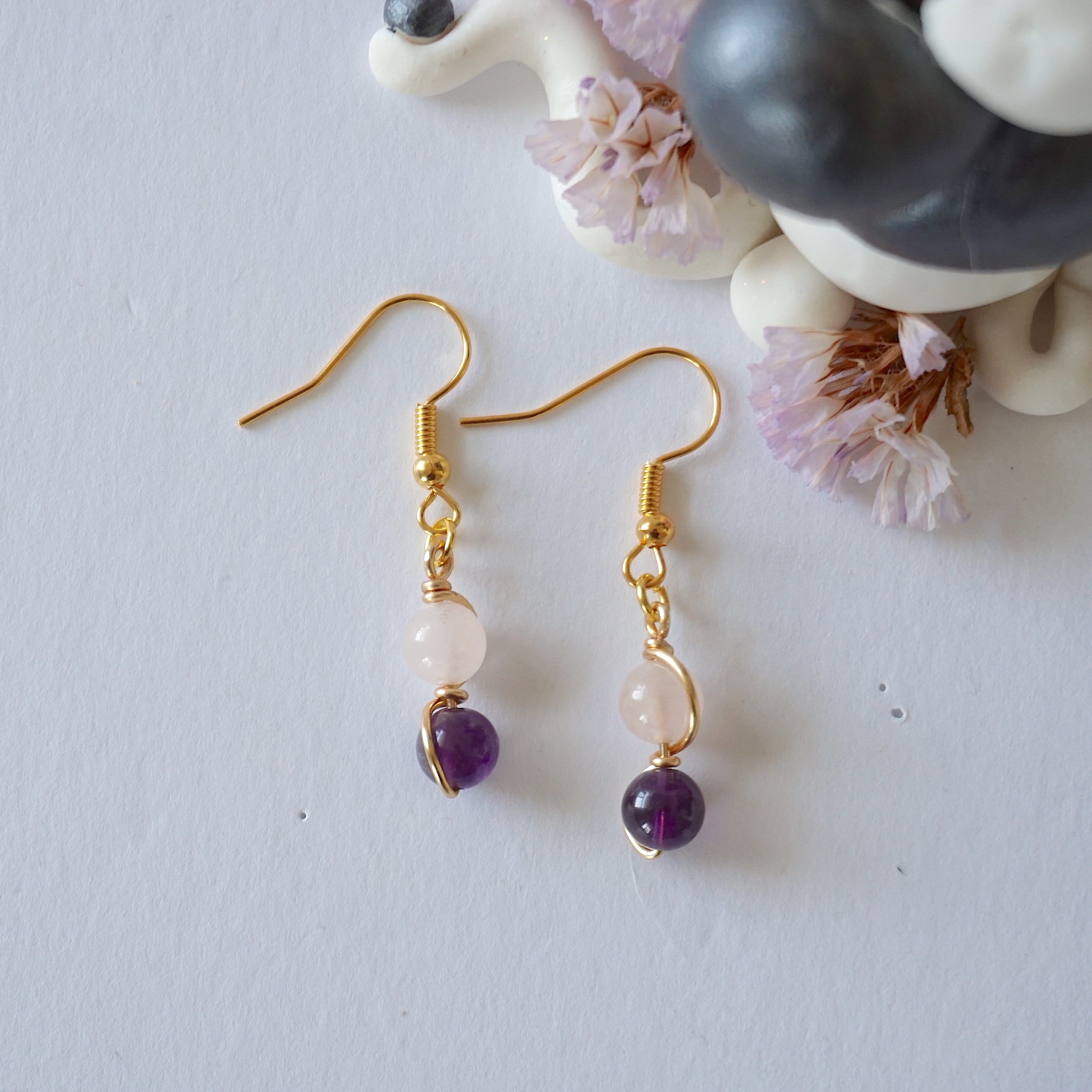 Rose Quartz & Amethyst Drop Earrings - Gold Plated Double Bead Dangle Jewelry for Women | Perfect for Weddings, Parties & Everyday Elegance