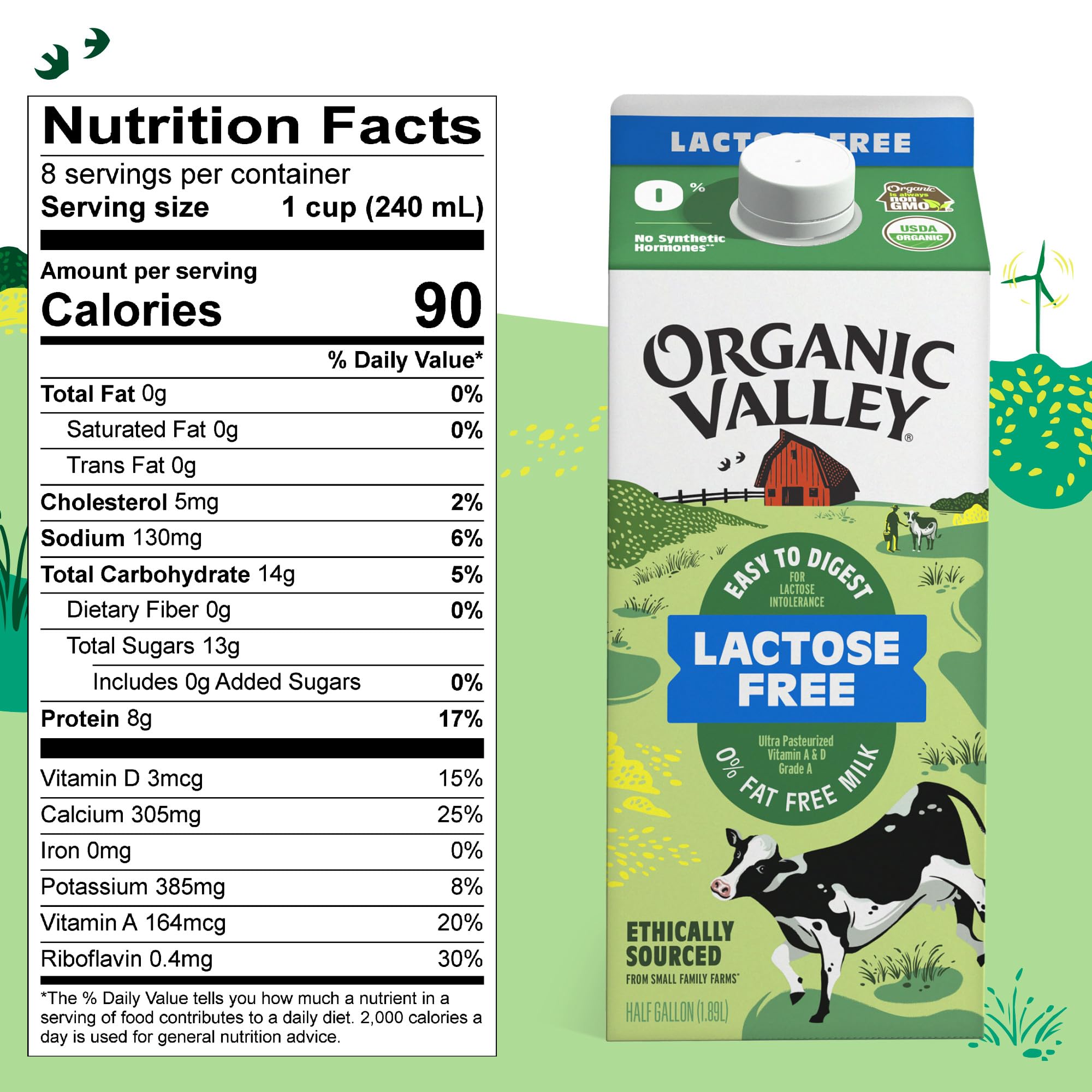Organic Valley Fat Free Milk - Ultra Pasteurized, Lactose Free, 64 Fl Oz (Half Gallon) - Perfect for Smoothies, Coffee & Healthy Breakfasts