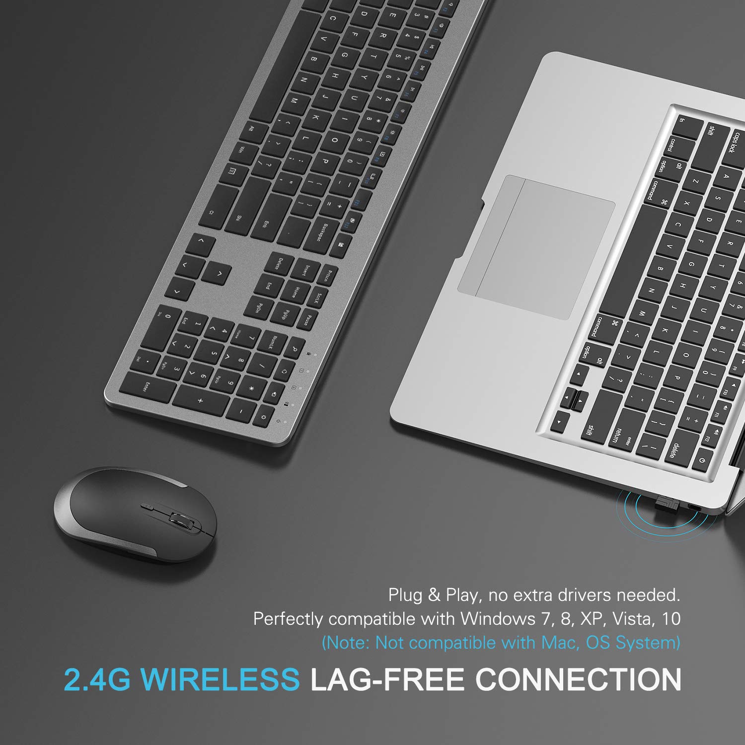 Slim Wireless Keyboard and Mouse Combo with Numeric Keypad - 2.4G Ergonomic Full-Size Keyboard & Adjustable DPI Mouse (Grey/Black) for Office, Home, Gaming & Remote Work