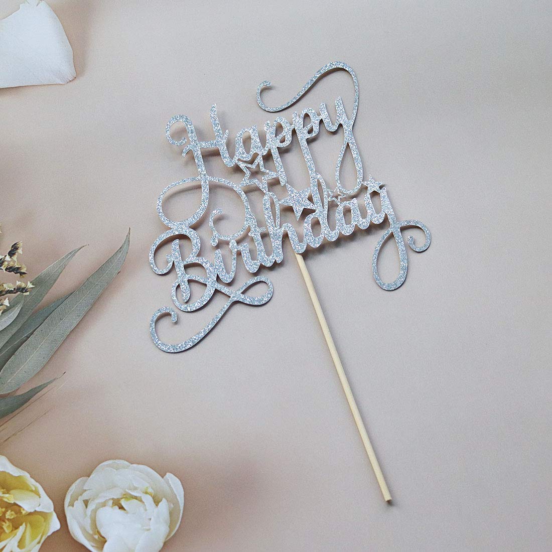 Silver Glitter Happy Birthday Cake Topper - Elegant Party Decor for Birthday Cakes, Wedding, Anniversary & Special Celebrations