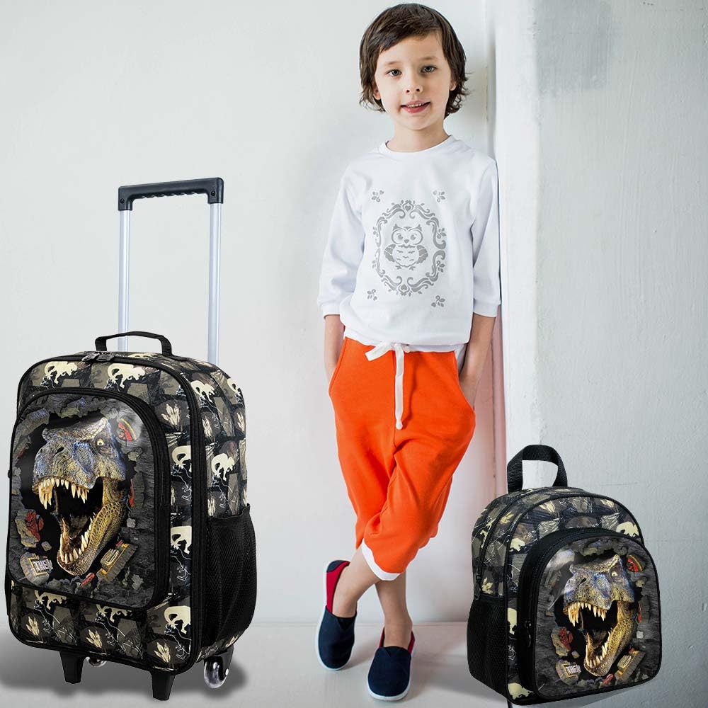 2Pcs Boys Suitcase Set with Wheels - Kids Rolling Carry-On Luggage & Dinosaur Travel Backpack for Toddlers (Black) | Perfect for Air Travel, Road Trips & School Adventures