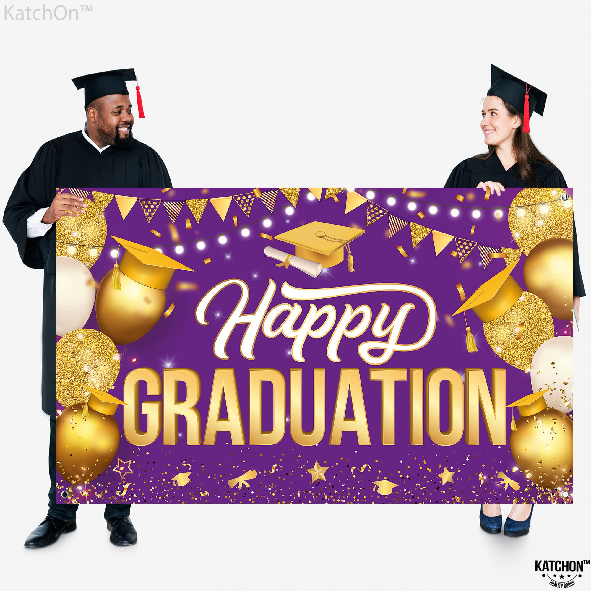 KatchOn Extra Large Happy Graduation Banner - 72x44 Inch Purple & Gold Backdrop for Class of 2025 | 2025 Graduation Decorations, Congratulations Banner | Perfect for Graduation Parties, Photo Booths & School Events