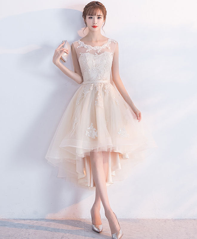 Elegant Champagne Tulle Lace Short Prom Dress with High-Low Hem - Perfect for Evening Parties, Homecoming Dances & Special Occasions