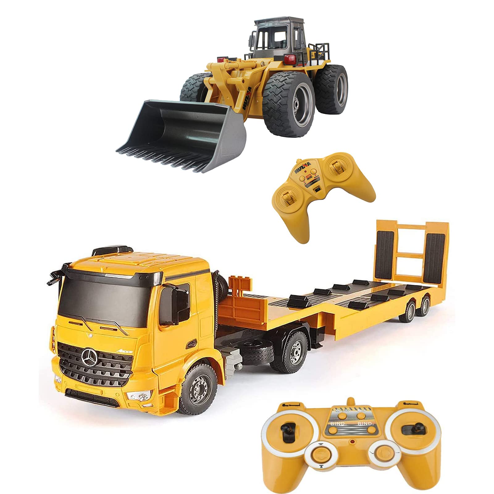 Fistone RC Truck with Detachable Flatbed Semi-Trailer & Alloy Shovel Loader Tractor - Construction Vehicle Toy with Lights and Sounds - Remote Control Hobby Model for Kids & Adults - Perfect for Indoor Play, Construction Site Simulation, and Gift Giving