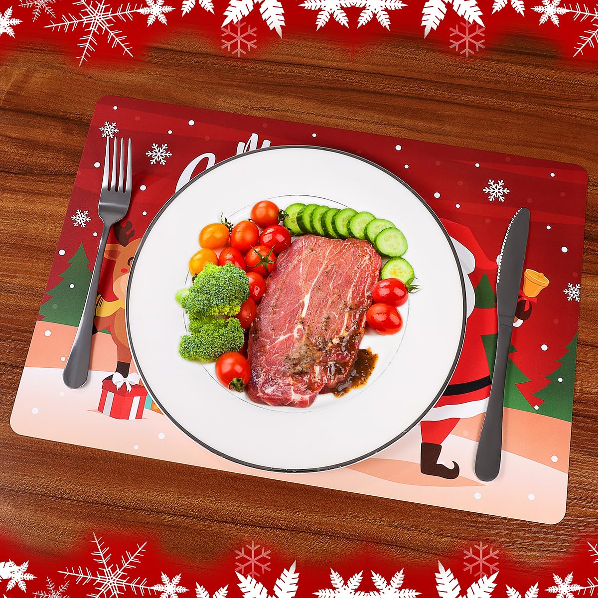 BESTonZON Christmas Placemats Set of 6 - 17x11 Inch Holiday Table Mats in Festive Red - Merry Xmas Dining Decor for Kitchen, Party & Holiday Gatherings