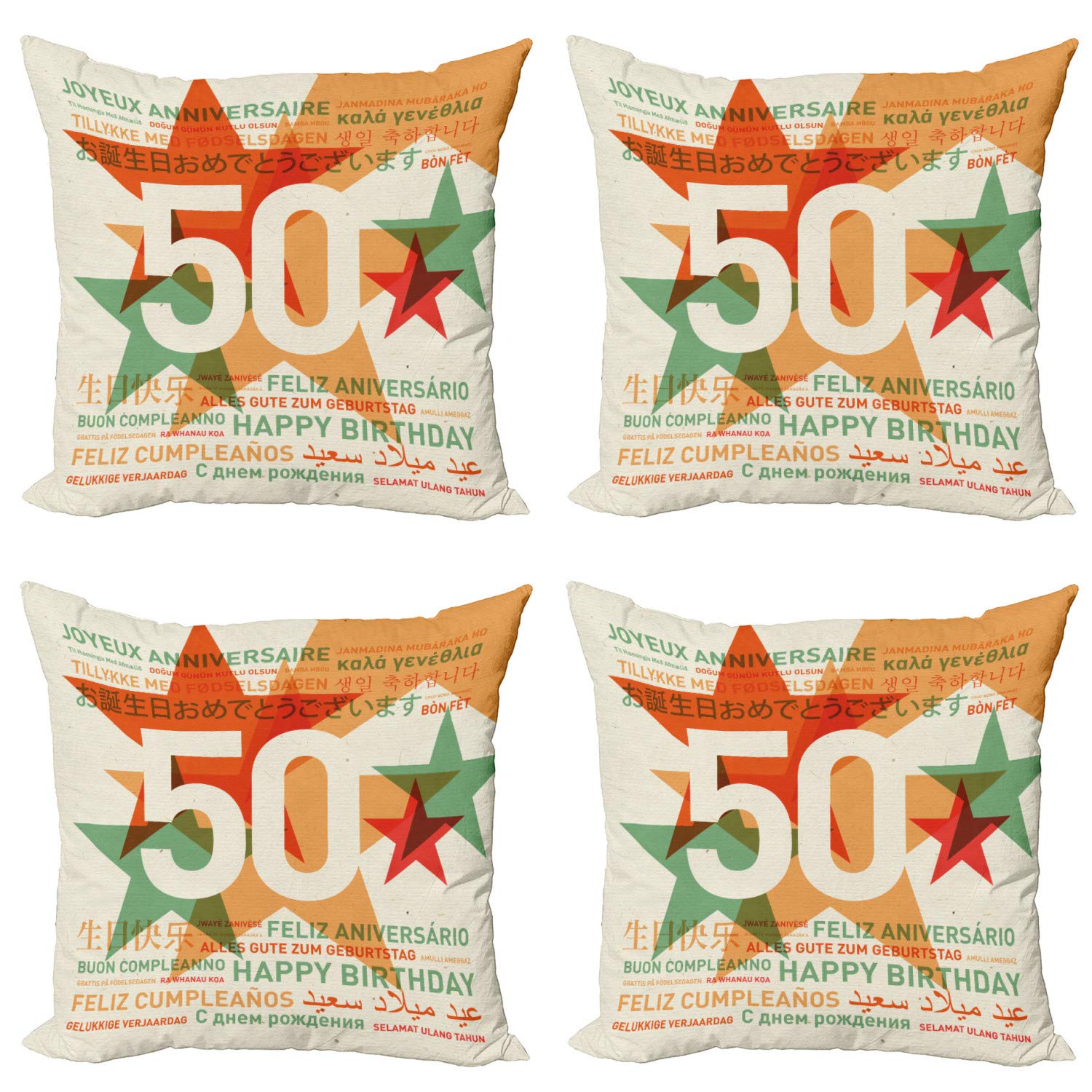 Ambesonne 50th Birthday Throw Pillow Covers Set of 4 - 18 Inch Multilingual Happy Birthday Retro Star Print Cushion Covers for Sofa, Living Room, Car - Green Red Orange | Perfect for Birthday Parties, Home Decor & Gift Giving