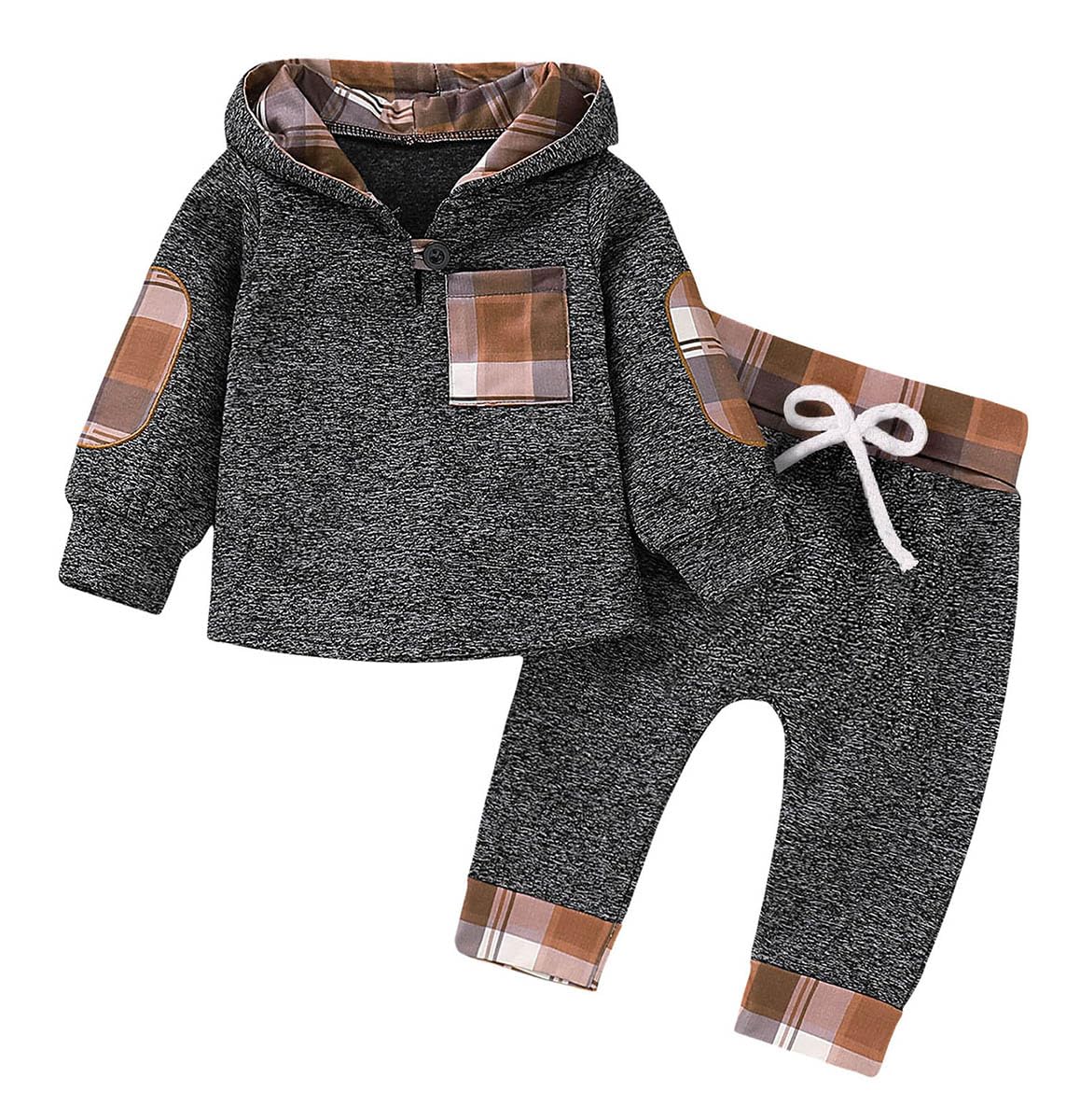 AmzBarley Baby Boy Winter Outfit Set - Plaid Long Sleeve Hoodie & Sweatpants | Warm Fleece-Lined Sweatsuit for Boys 0-24 Months | Cozy Winter Clothes for Playdates & Outdoor Activities