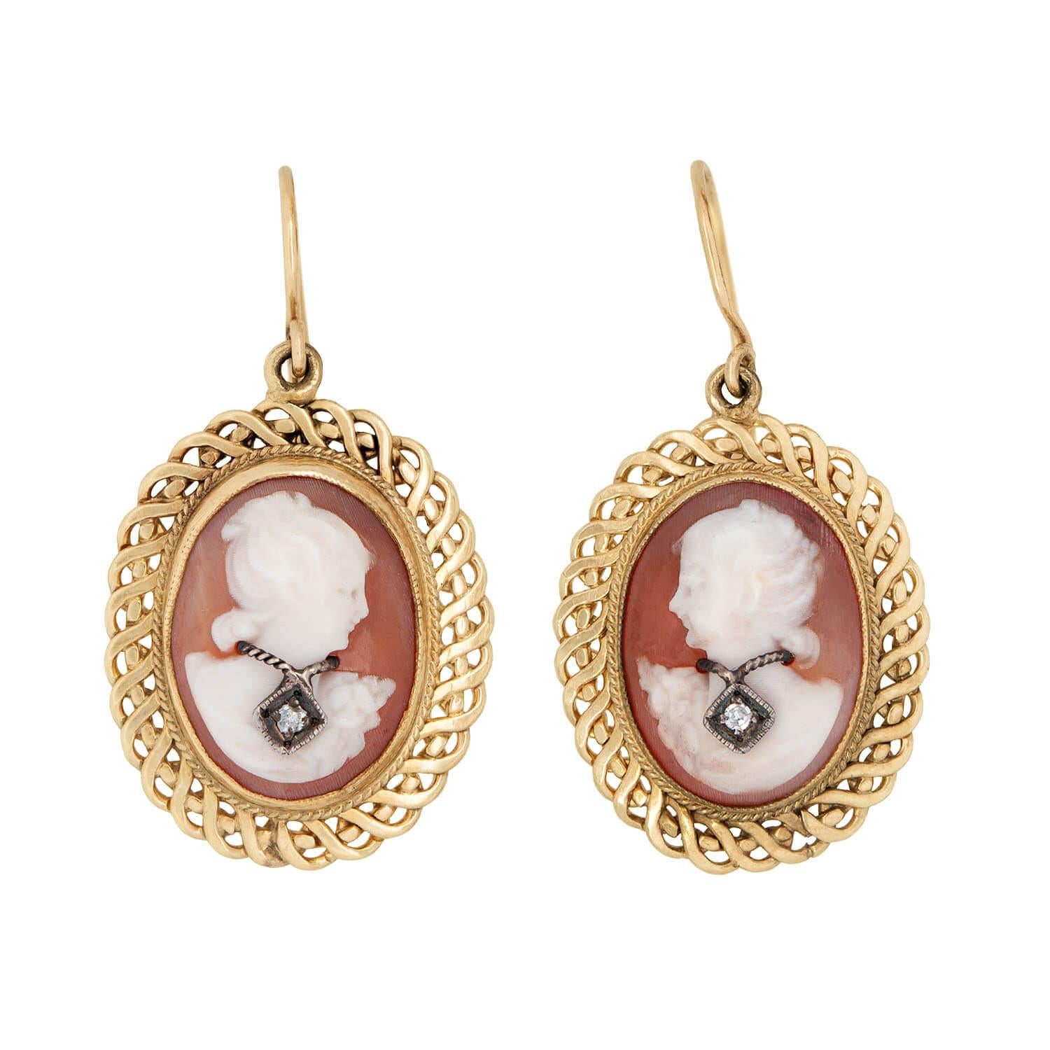 Vintage 14k Gold Diamond Cameo Drop Earrings – Elegant Dangle Jewelry for Women, Perfect for Weddings, Parties & Special Occasions