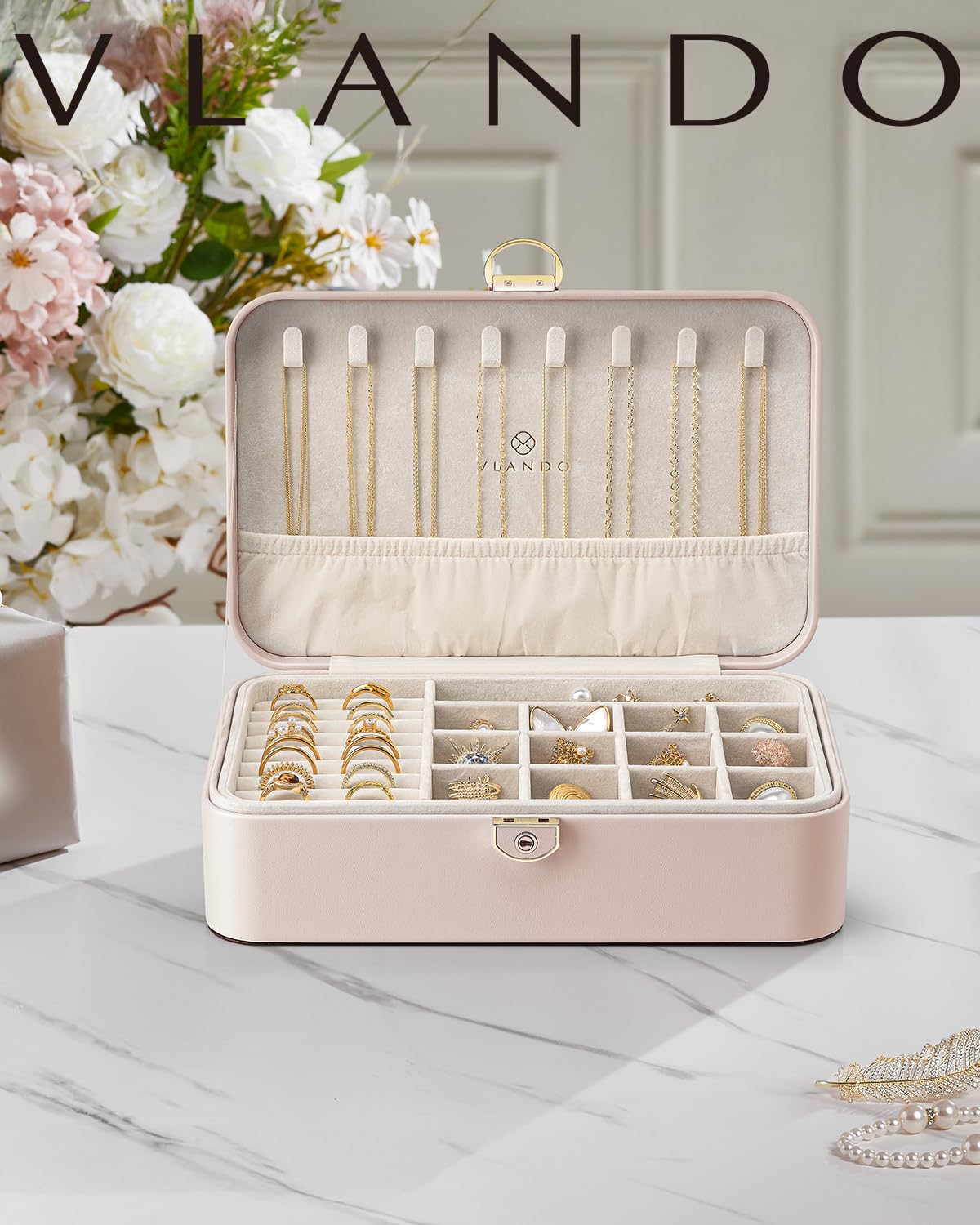 Vlando 2-Layer Jewelry Organizer Box with Removable Tray - Perfect for Earrings, Necklaces & Rings - Valentine's Day, Birthday & Graduation Gifts for Women - Apricot Pink - Ideal for Travel, Home & Office Storage