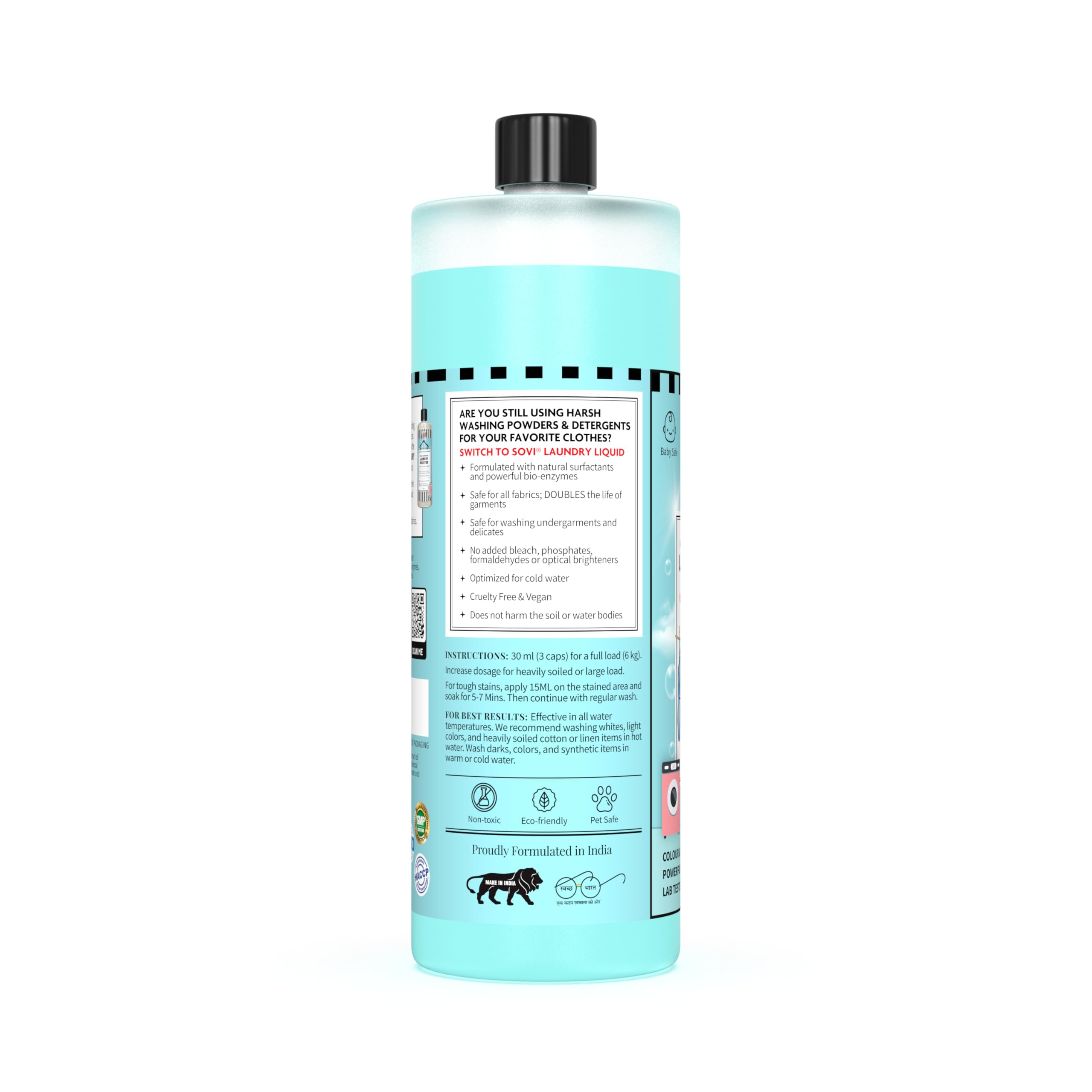 SOVI Bio Enzyme Liquid Laundry Detergent - Eco-Friendly & Biodegradable for Front Load & Top Load Washing Machines (950ml) - Fresh Clean Scent - Ideal for Sensitive Skin & Sustainable Home Cleaning