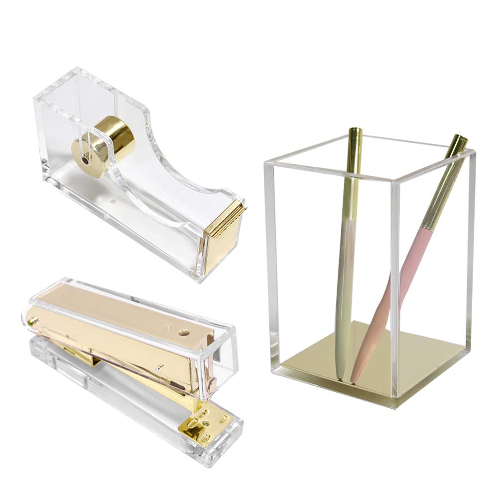 Clear Gold Desk Organizer Set - Acrylic Tape Dispenser, Stapler, Pen & Pencil Holder for Office & Home Workspace | Stylish Desktop Accessories Collection (Gold)