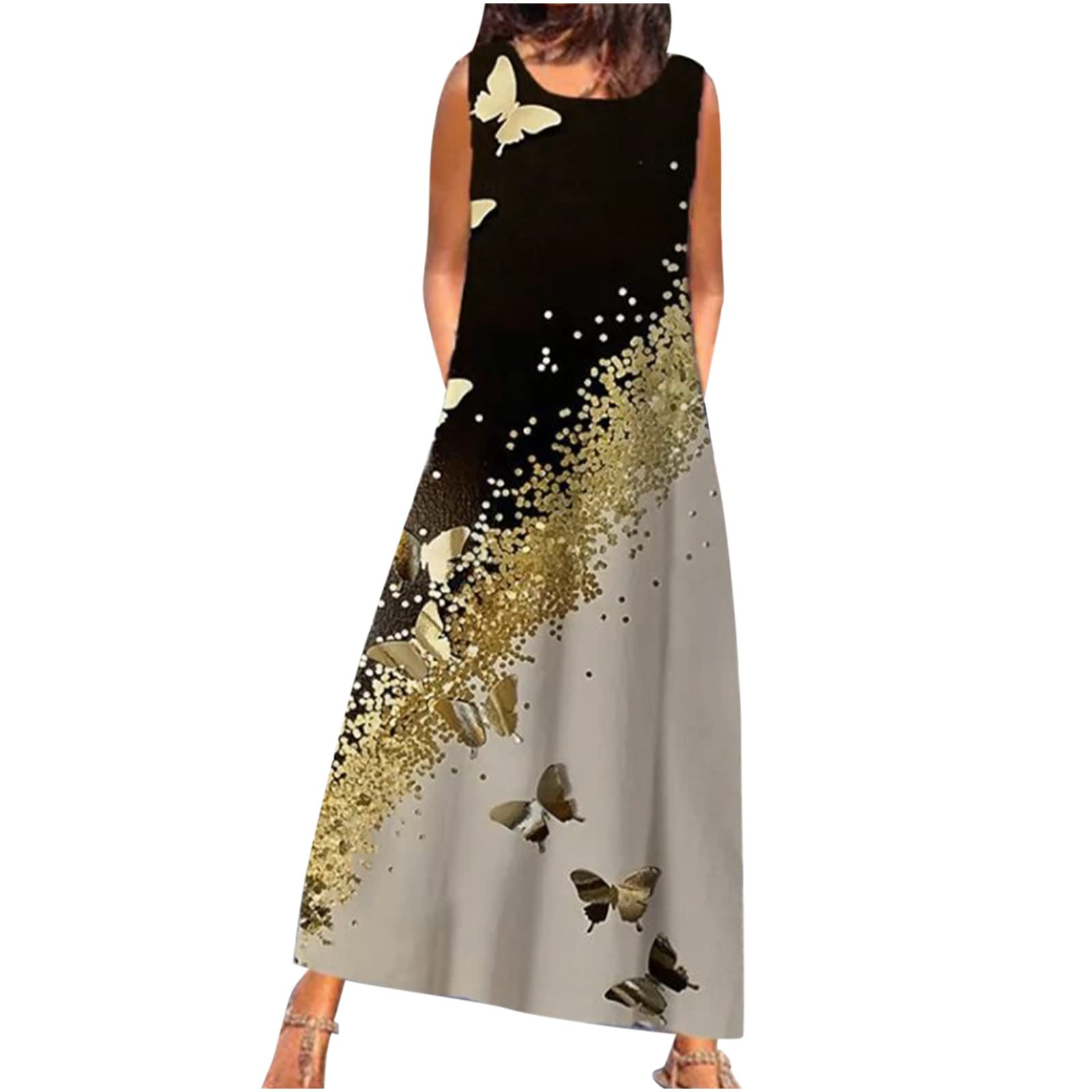 Vifucz Women's Summer Beach Dress - Flowy Sleeveless Long Dress with Pockets, Round Neck & Floral Print | Perfect for Vacations, Pool Parties & Tropical Getaways