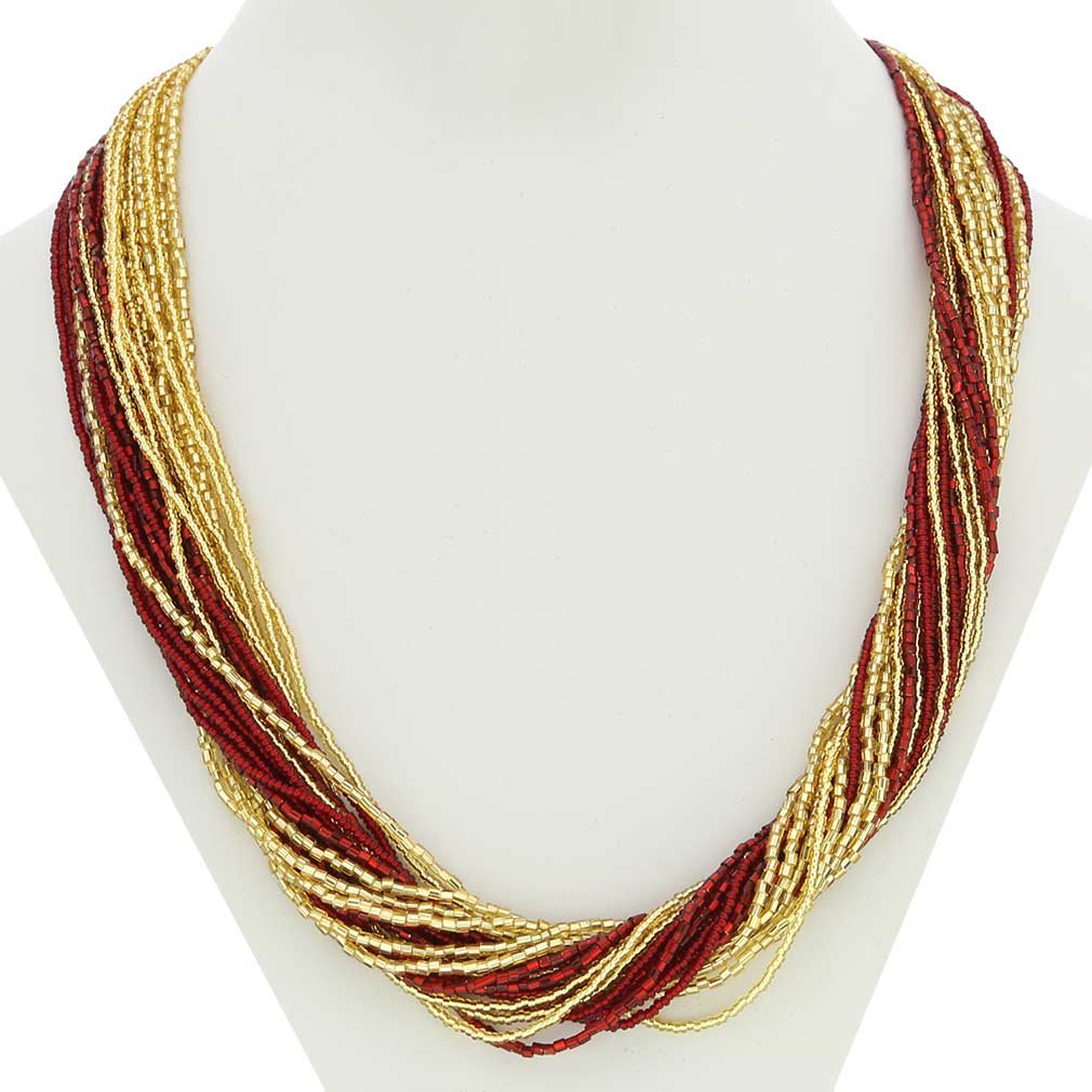 Venetian Murano Glass Gloriosa 24-Strand Seed Bead Necklace - Red & Gold Handmade Jewelry | Perfect for Weddings, Parties & Special Occasions