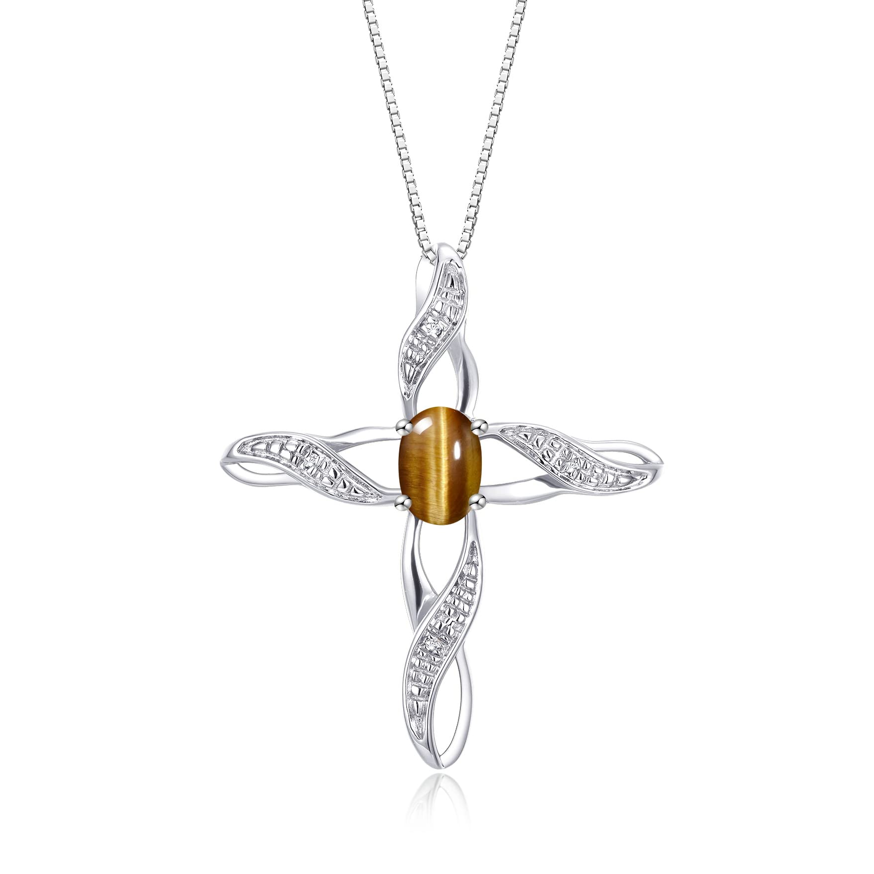 Sterling Silver 925 Cross Pendant Necklace with Gemstone & Diamonds - 18