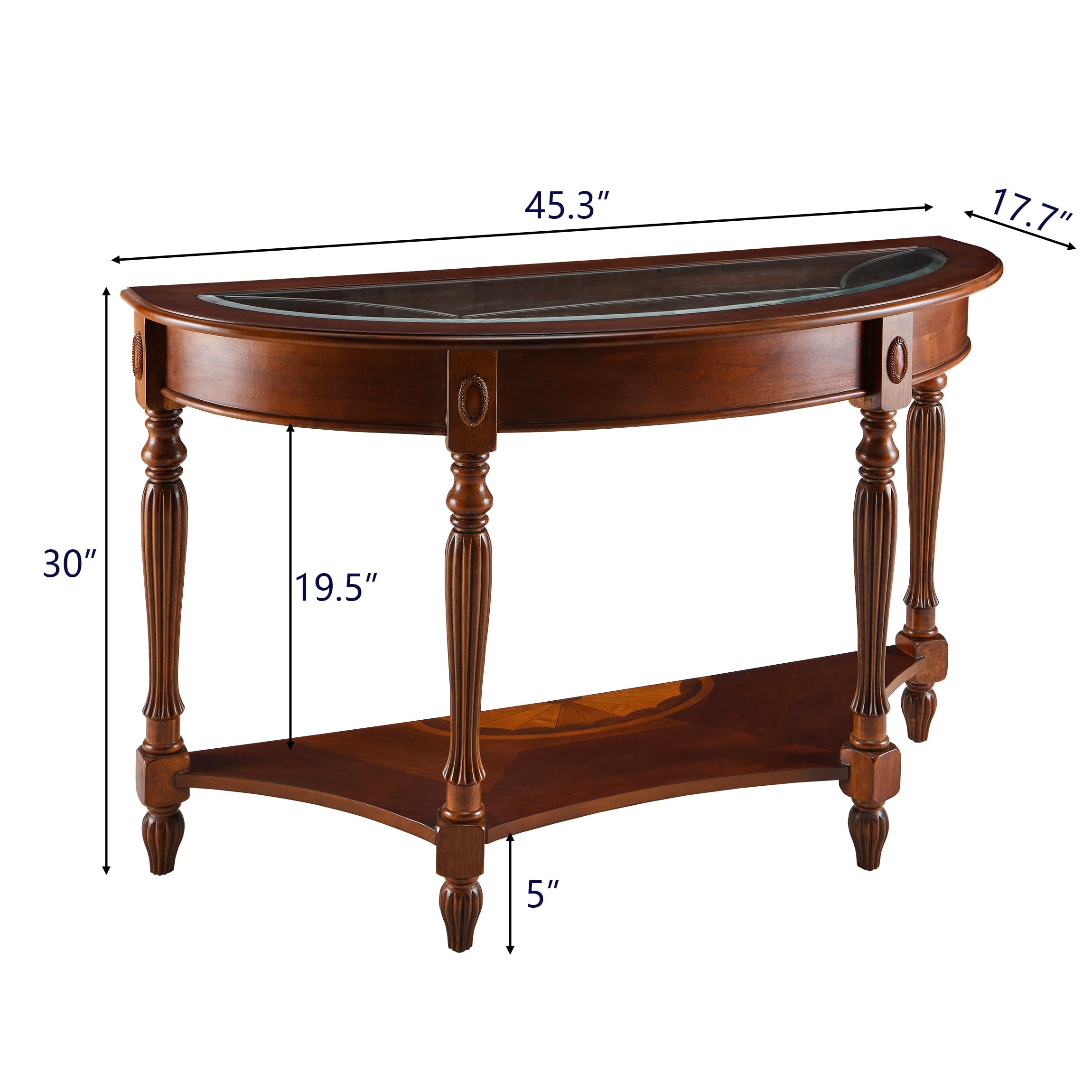 LEEMTORIG Demi Lune Console Table - Solid Cherry Wood with Glass Top | Traditional Victorian Antique Sofa Table for Entryway, Living Room & Hallway | Elegant Home Decor for Small Spaces & Narrow Areas (Model: SFZ-1533-GT)