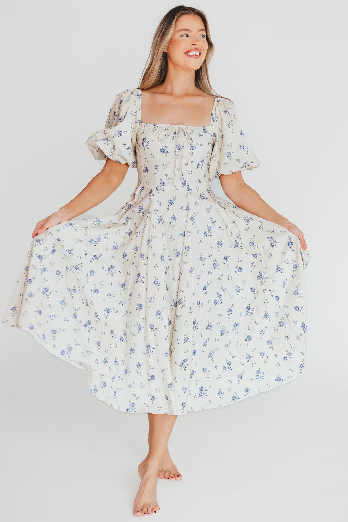 Olivia 100% Cotton Floral Printed Midi Dress in Ivory - Elegant Summer Dress for Women, Perfect for Beach Vacations, Garden Parties & Date Nights