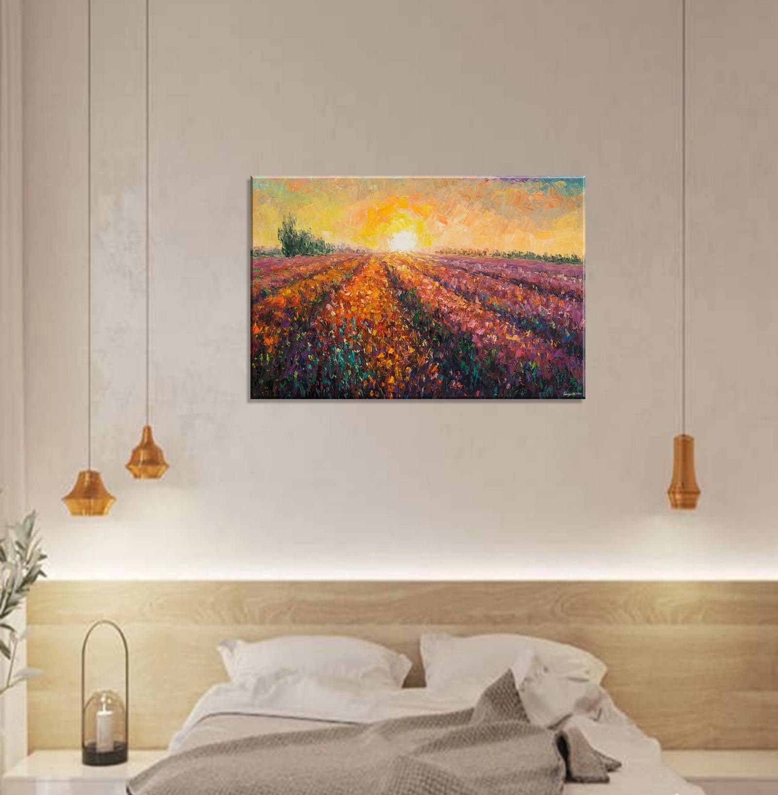 Provence Lavender Fields Sunrise Oil Painting - Large Canvas Wall Art, Original Landscape Artwork, Modern Abstract Home Decor for Living Room, Bedroom & Office