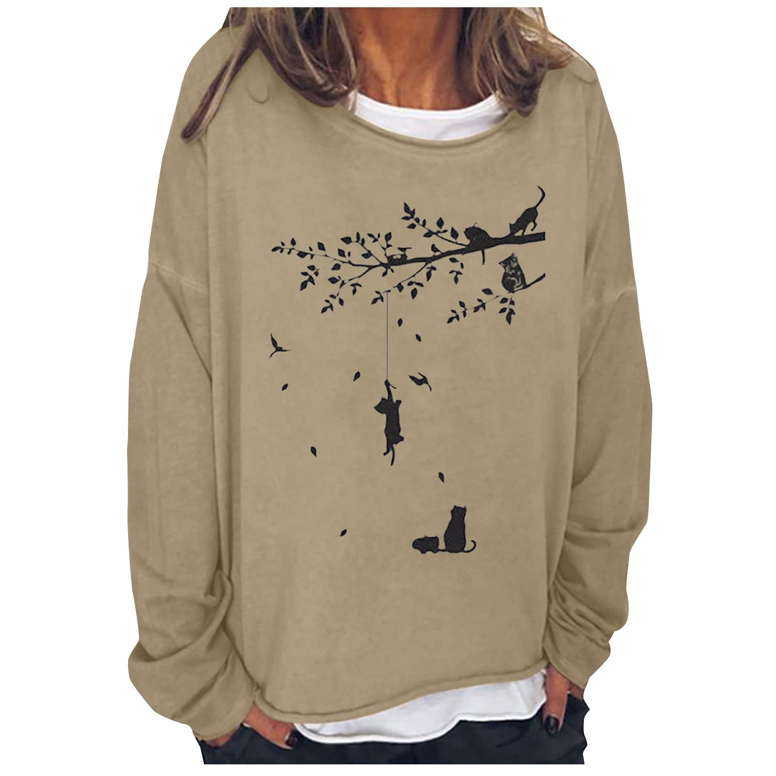 Vintage Trendy Oversized Cat Graphic Sweatshirt for Women - Long Sleeve Pullover Round Neck Blouse - Casual Loungewear & Streetwear Fashion