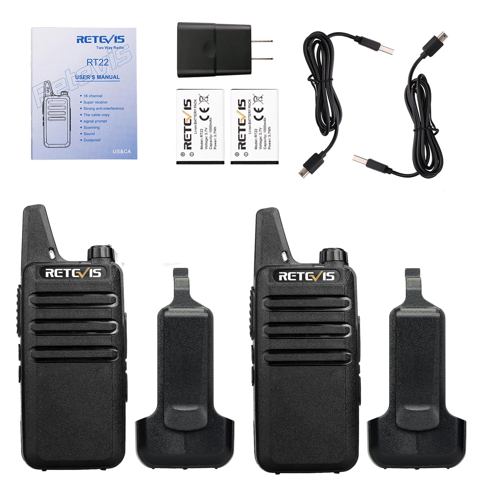 Retevis RT22 Long Range Walkie Talkies (2 Pack, Black) - Rechargeable Mini Two-Way Radios with VOX Handsfree & Earpiece - Perfect for Family Road Trips, Camping, Hiking, Skiing and Outdoor Adventures