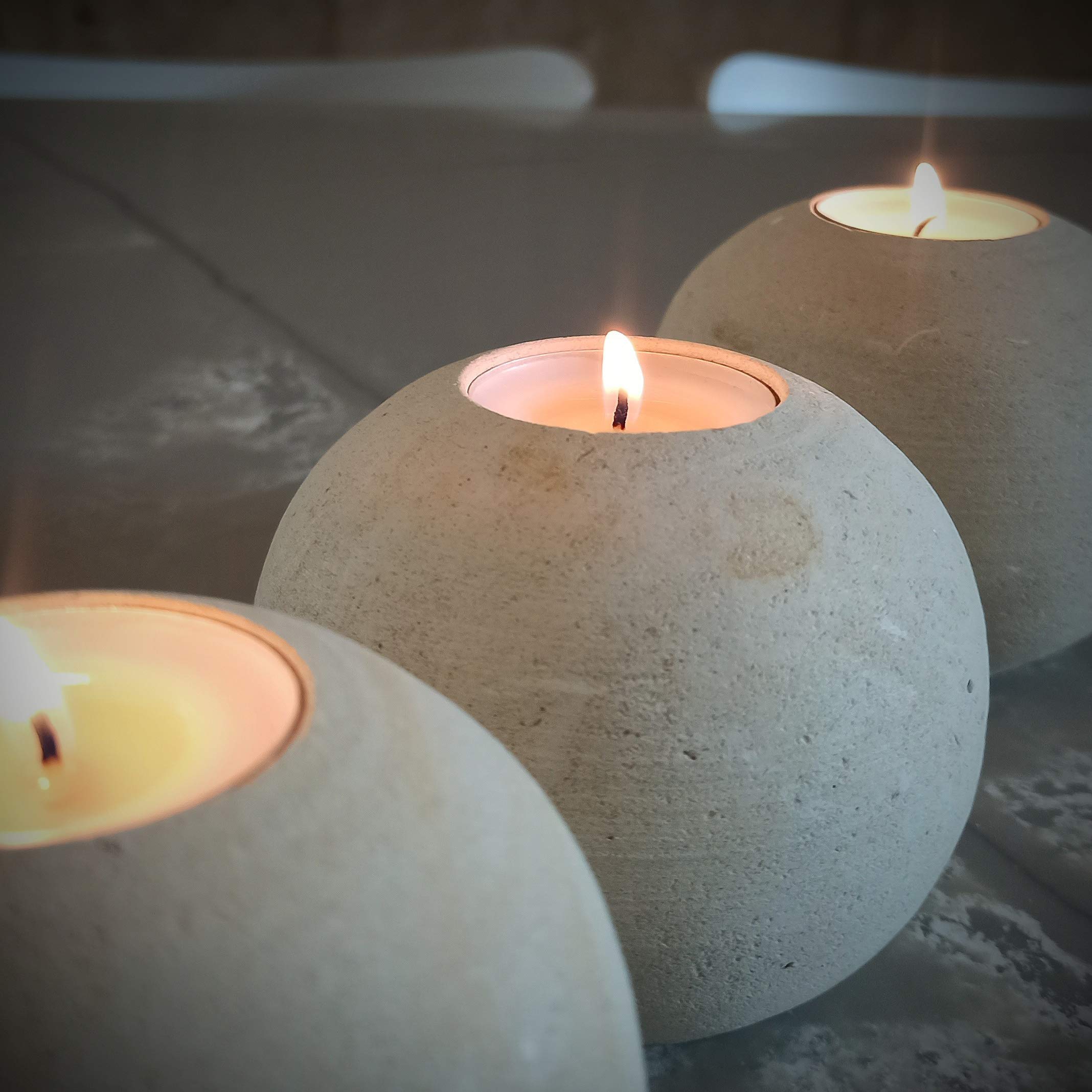 Set of 3 Handmade Italian Smooth Stone Sphere Candle Holders with Gift Box, Candles & Blank Message Card - Elegant Home Decor for Living Room, Bathroom, Wedding Centerpieces & Dining Table Decorations - Perfect for Romantic Ambiance, Spa Relaxation & Special Occasions