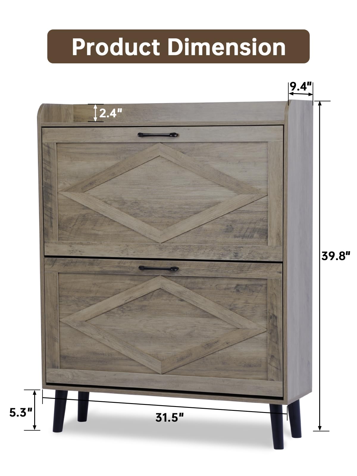 Farmhouse Narrow Shoe Storage Cabinet with 2 Flip Drawers - Slim Entryway Shoe Organizer with Wood Legs in Washed Gray | Perfect for Small Spaces, Hallways & Closet Organization