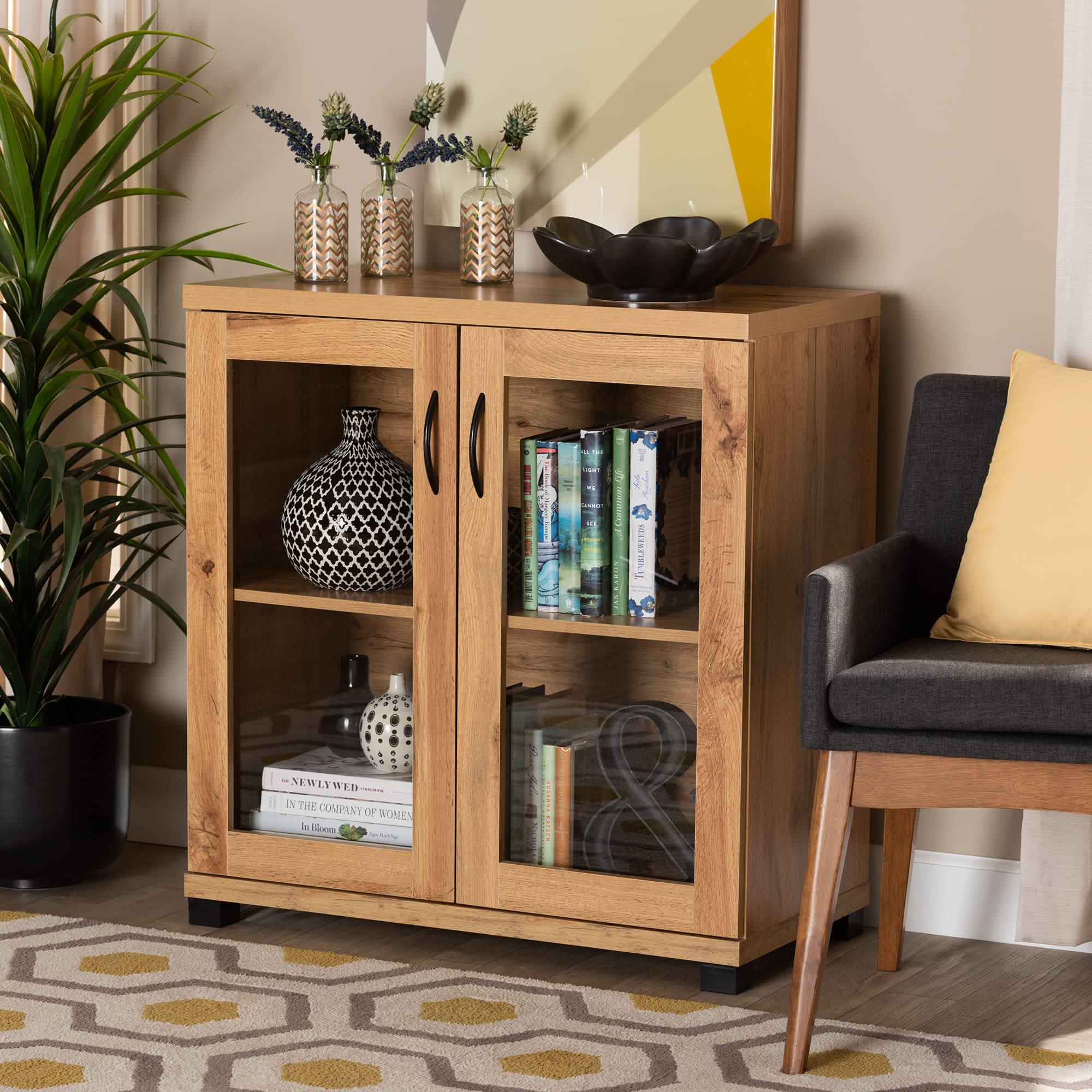 Baxton Studio Zentra Modern Oak Brown Wood 2-Door Storage Cabinet with Glass Doors - Contemporary Home Office Furniture for Living Room, Bedroom & Entryway Storage