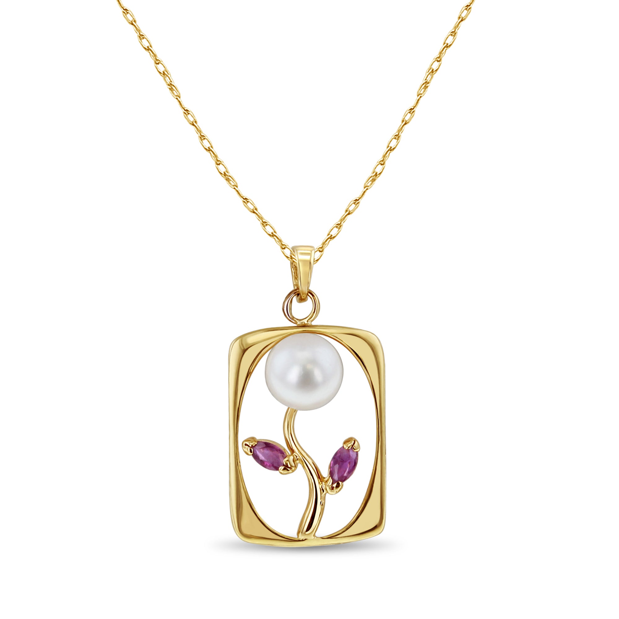 14K Yellow Gold Pearl & Ruby Floral Pendant Necklace - Elegant Jewelry Gift for Women, Perfect for Weddings, Anniversaries & Special Occasions
