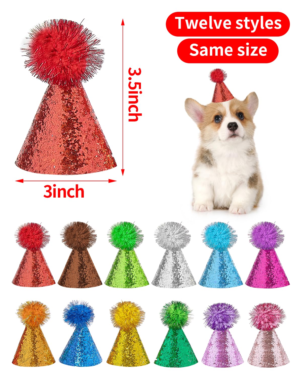 24 Pack Mini Pet Party Hats - Adjustable Small Dog & Cat Birthday Hats for Puppies & Kittens - Cute Holiday Costume Headbands for Pets - Perfect for Birthday Parties, Halloween & Christmas Celebrations