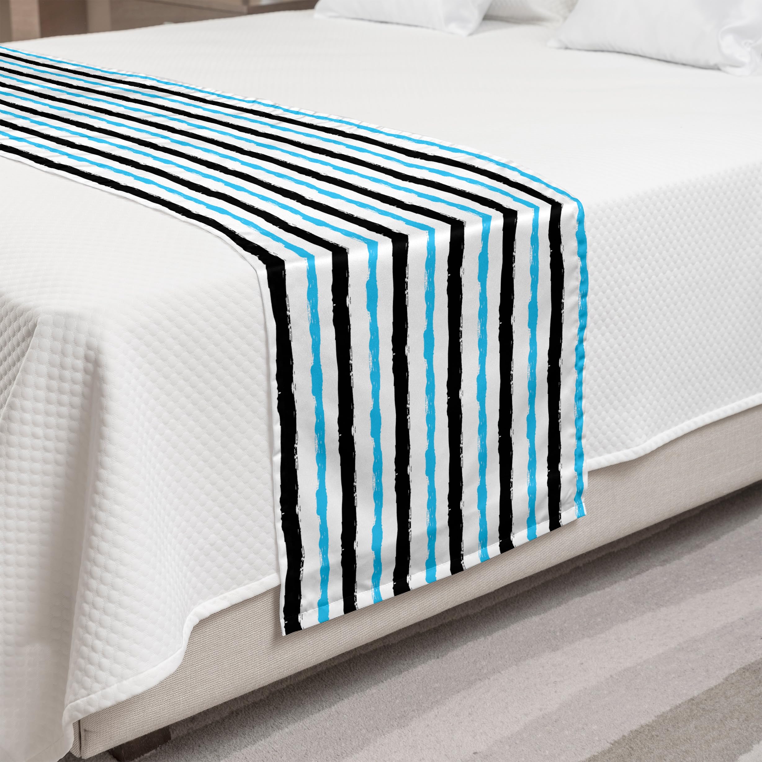 Ambesonne Abstract Bed Runner - Paintbrush Large Color Bands with Simplistic Horizontal Stripes, Decorative Accent Bedding Scarf for Queen & King Beds - Aqua Black White Design - Perfect for Hotels, Homes & Guestrooms - Adds Elegant Touch to Bedroom Decor