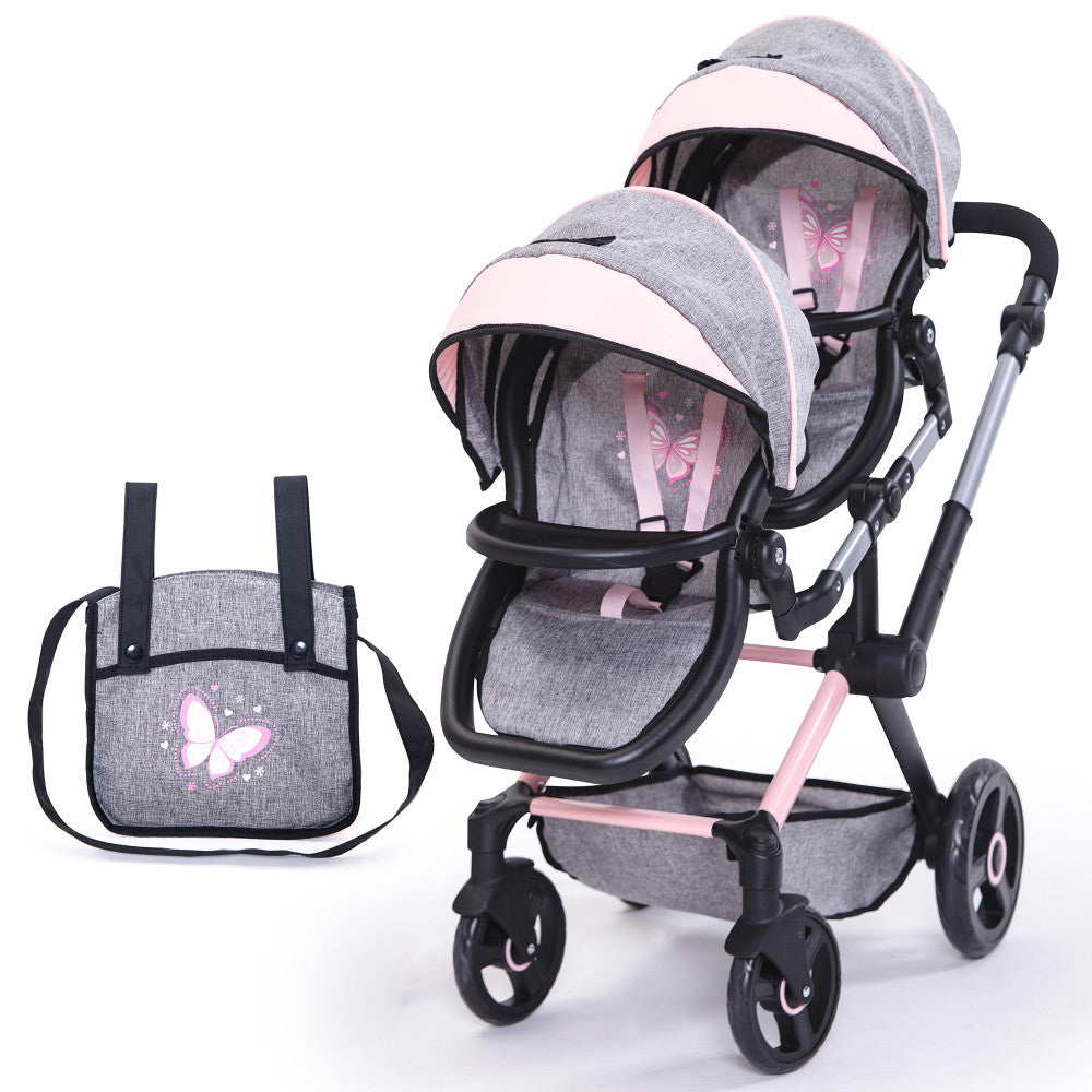 Bayer Design Butterfly Twin Doll Stroller - Grey & Pink with Matching Handbag | Perfect for Pretend Play, Doll Accessories & Kids Role Play Games