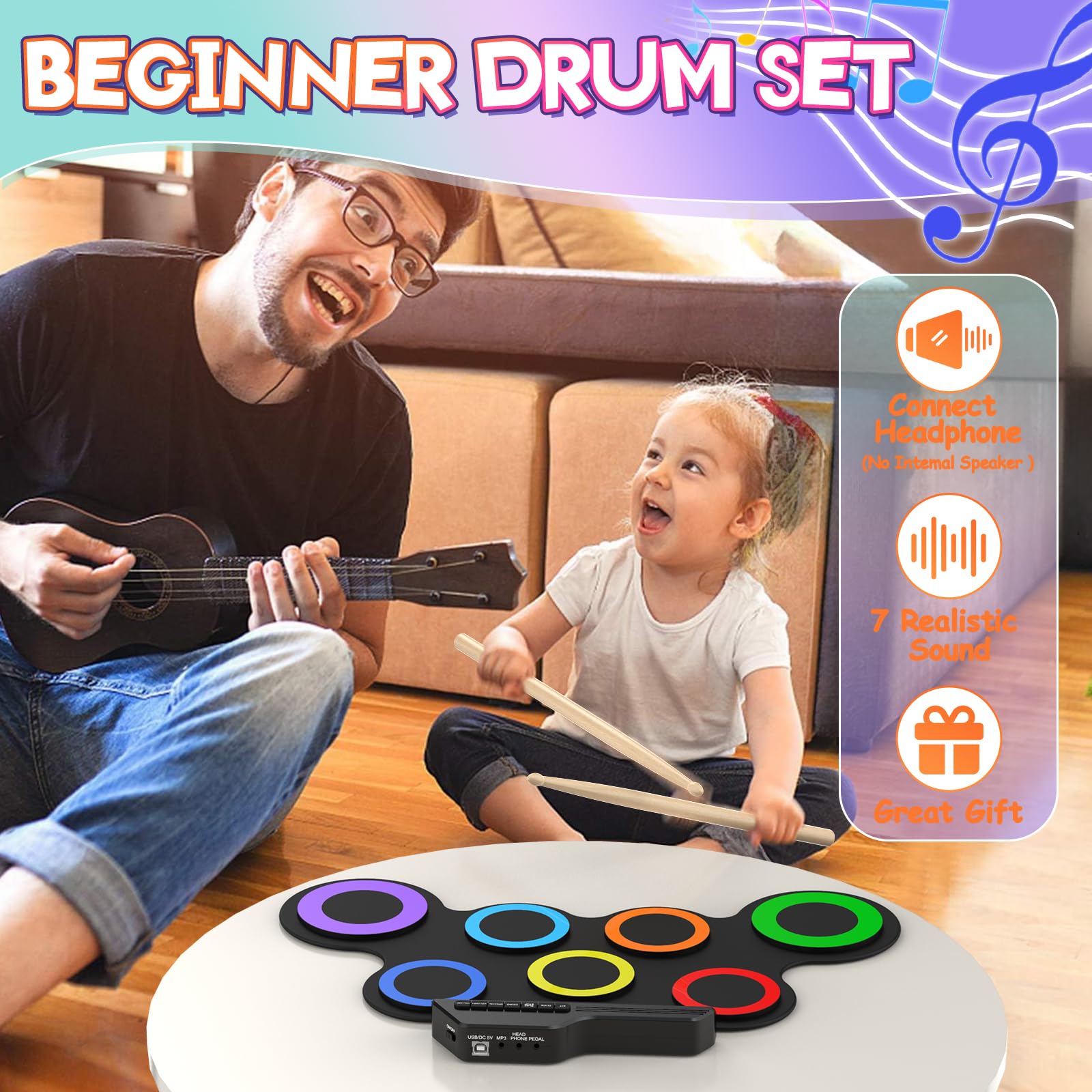Rocktata® Electronic Drum Set - 7 Pad Roll-Up Drum Kit with Headphone Jack, Pedals & Drumsticks | Portable Practice Pads for Kids & Beginners | Perfect for Home Practice, Music Lessons & Quiet Training (No Built-in Speaker)