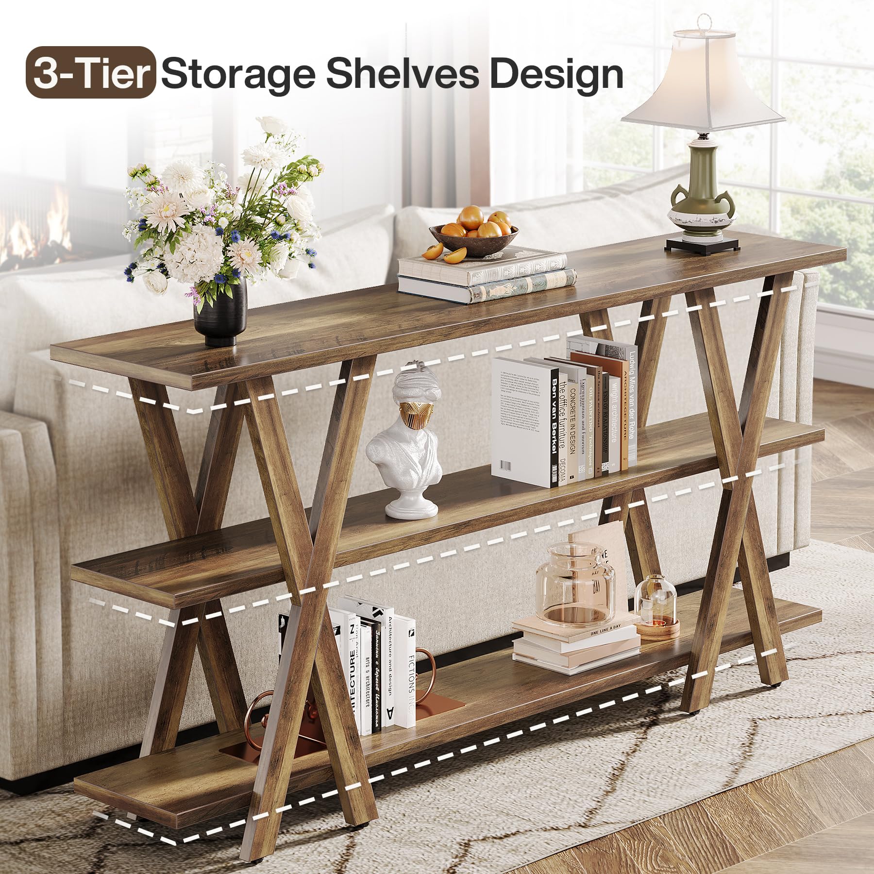 Tribesigns 70-Inch Wooden Console Table with 3-Tier Storage Shelves - Rustic Brown Farmhouse Sofa Table for Entryway, Living Room, Foyer & Hallway - Perfect for Home Decor, Storage & Displaying Decorations