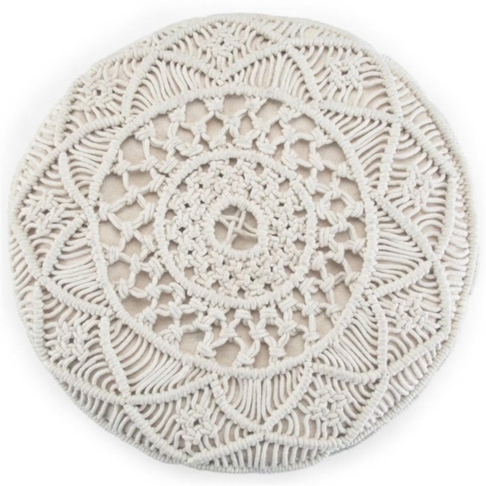 Trent Home Boho Round Macrame Pouf - Natural Cotton Ottoman for Living Room, Bedroom & Boho Decor | Handmade Footstool, Floor Seating & Cozy Home Accent