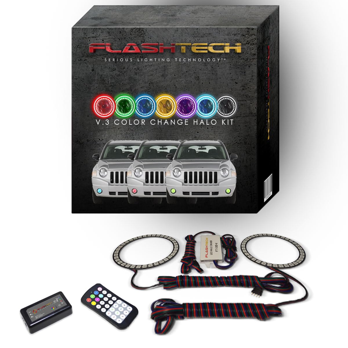Flashtech LED RGB Multi-Color Halo Ring Fog Light Kit with ColorFuse RF Remote - Compatible with Jeep Compass 2007-2010 | Off-Road Lighting & Custom Car Styling Upgrade
