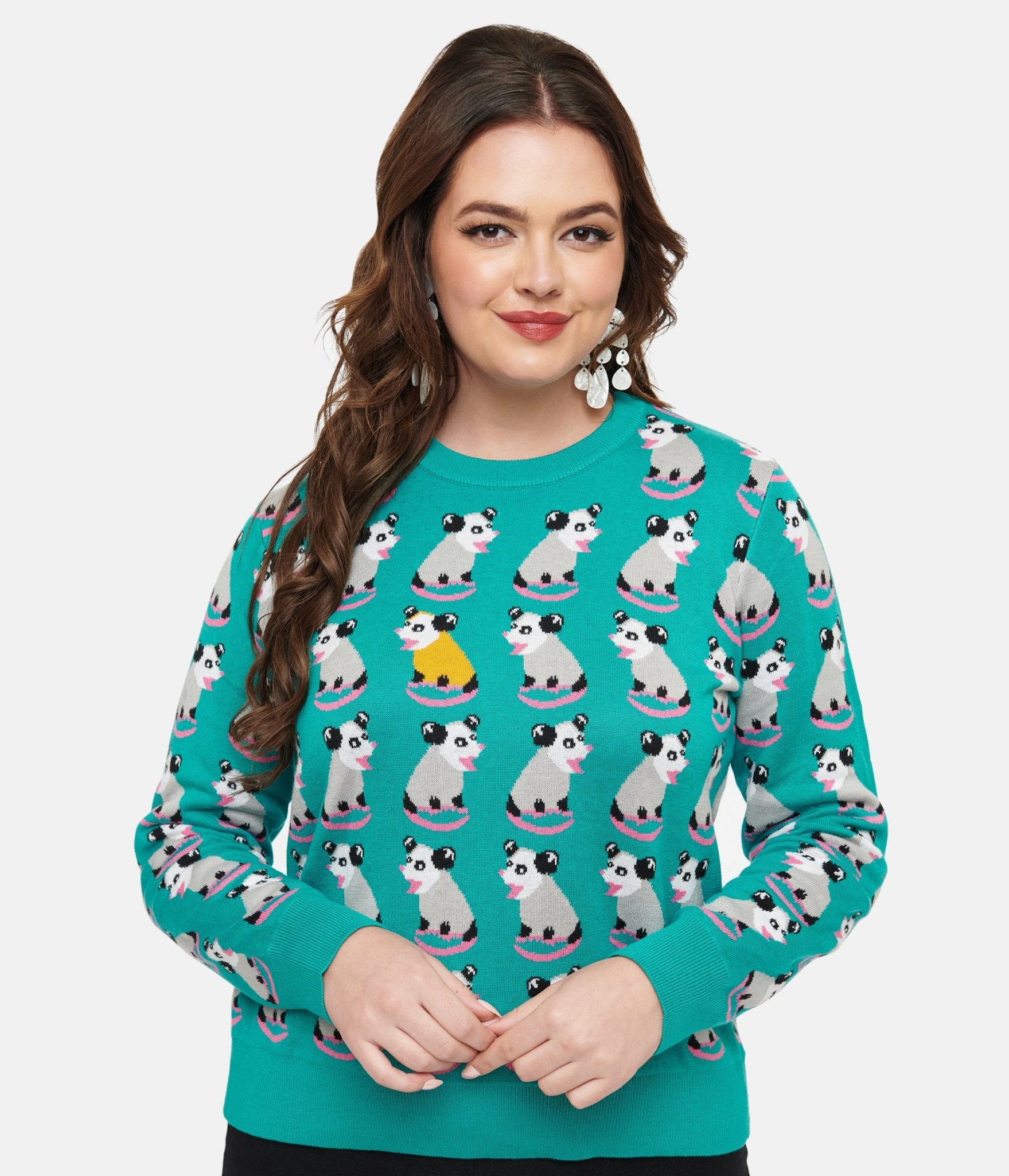 Adorable Teal Opossum Print Knit Sweater - Cute Cartoon Animal Pullover for Women & Kids - Perfect for Casual Wear, Animal Lover Gifts & Cozy Fall Fashion