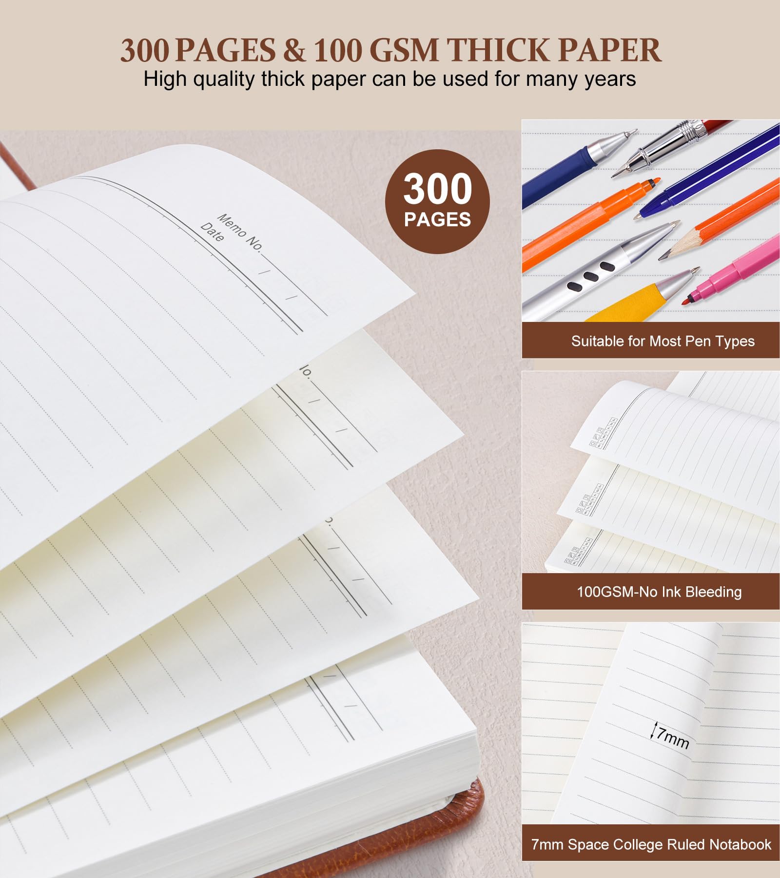 Premium A5 Lined Spiral Notebook - 300 Pages Hardcover Leather Journal for Women & Men, College Ruled Thick Paper (100 GSM), 5.75