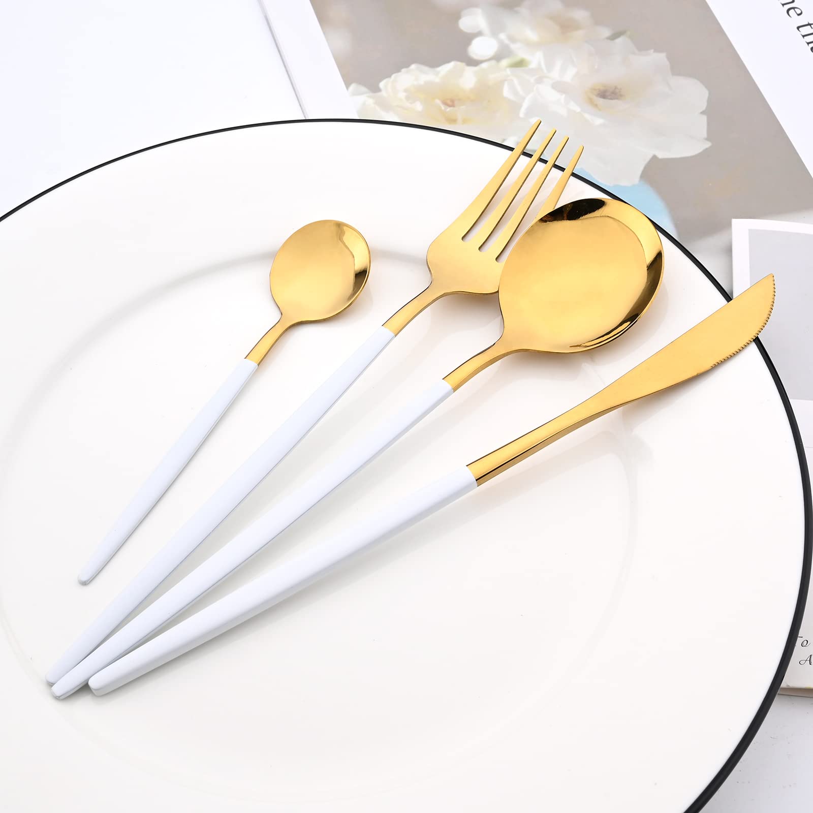 24-Piece Mirror Cutlery Serving Set - 18/0 Stainless Steel Silverware with White Handle - Modern Tableware for Home, Party, Restaurant & Christmas Dinner - Service for 6 (White Gold) - Perfect for Holiday Entertaining, Wedding Receptions & Fine Dining