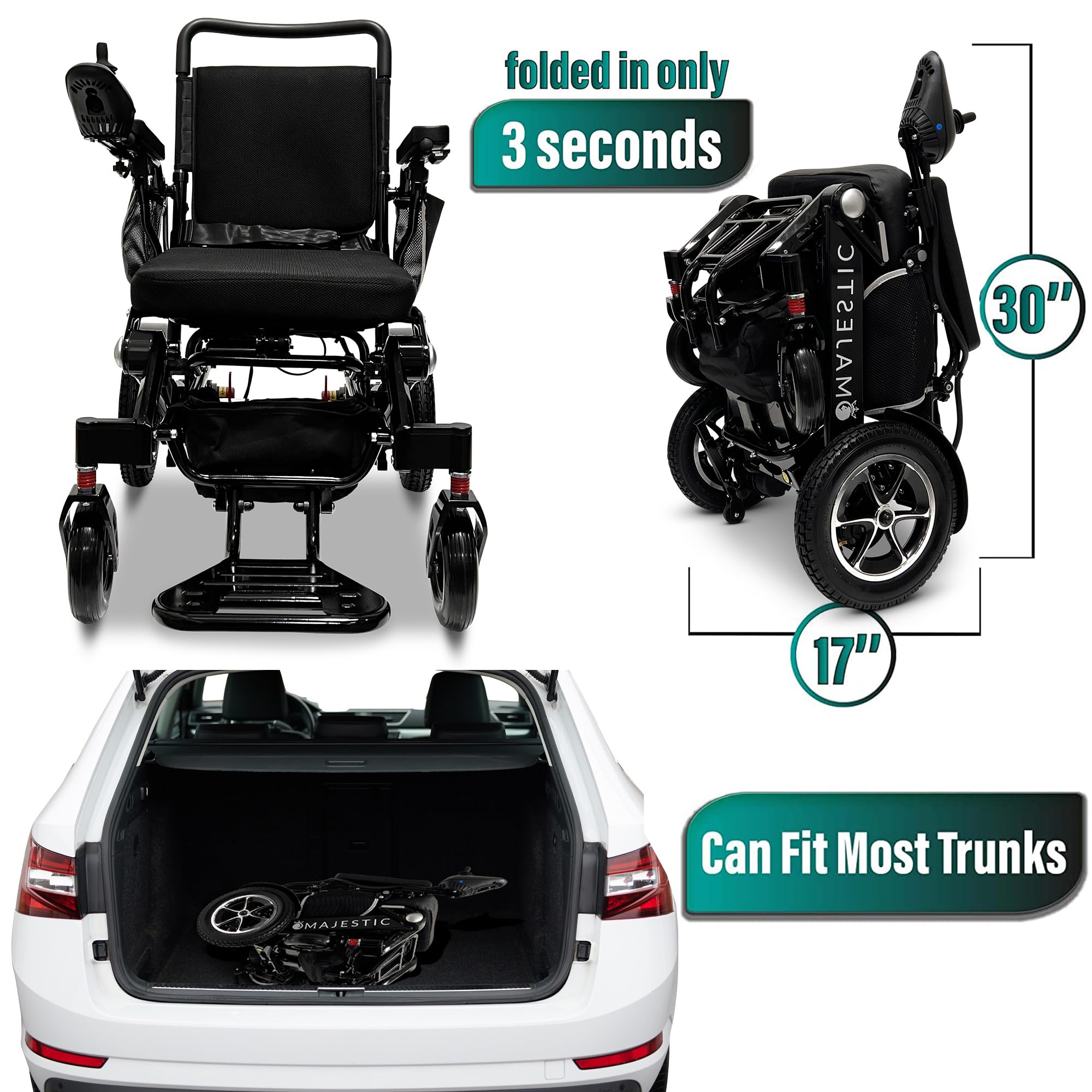 MALISA Electric Wheelchair for Adults - Automatic Folding Power Wheelchair, Lightweight Portable Motorized Wheelchair with All-Terrain Capability (Black Frame) - Ideal for Indoor/Outdoor Use, Travel & Daily Mobility Assistance