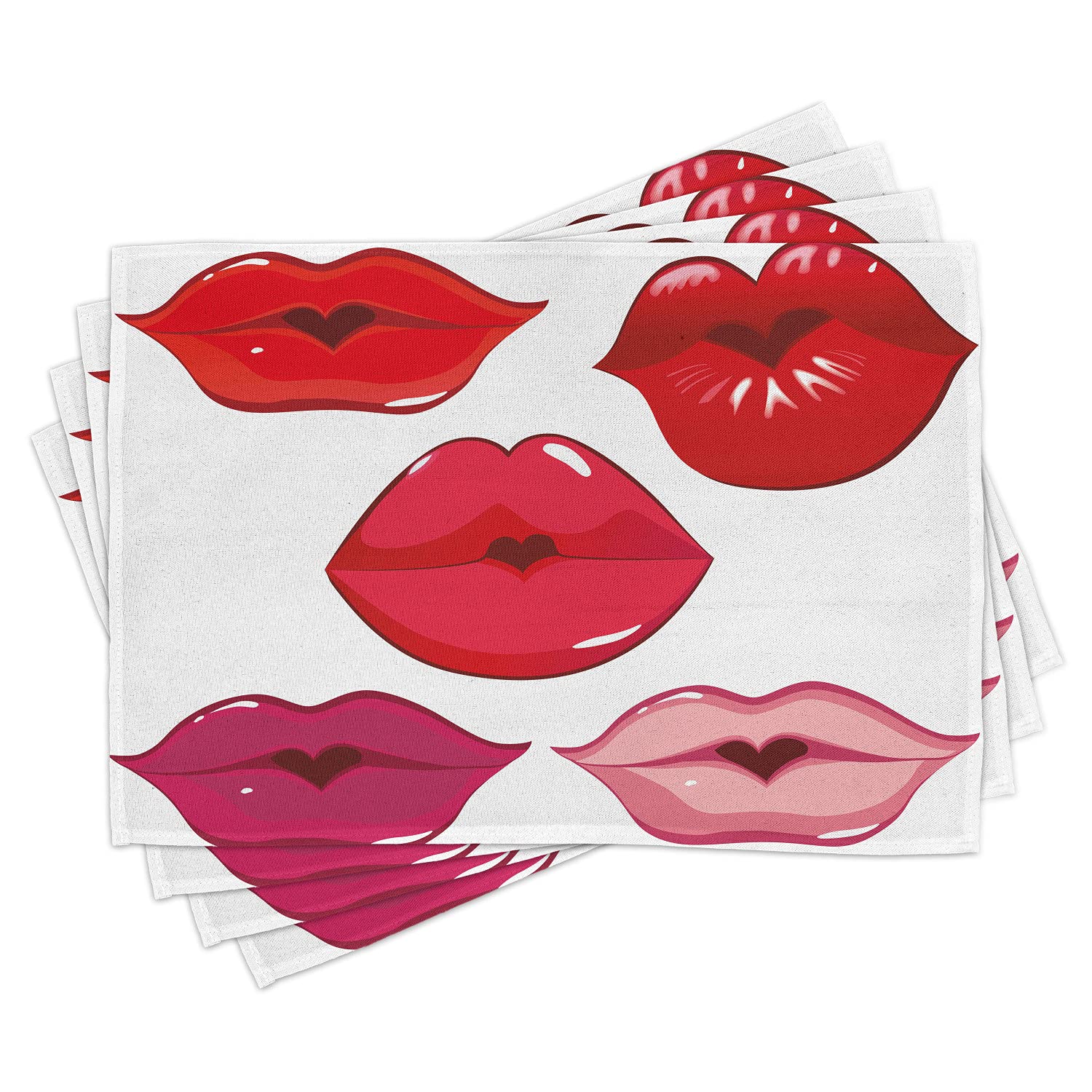 Ambesonne 4-Pack Washable Fabric Placemats for Dining Table - Red & White Kitchen Decor - Perfect for Everyday Meals, Dinner Parties & Holiday Gatherings
