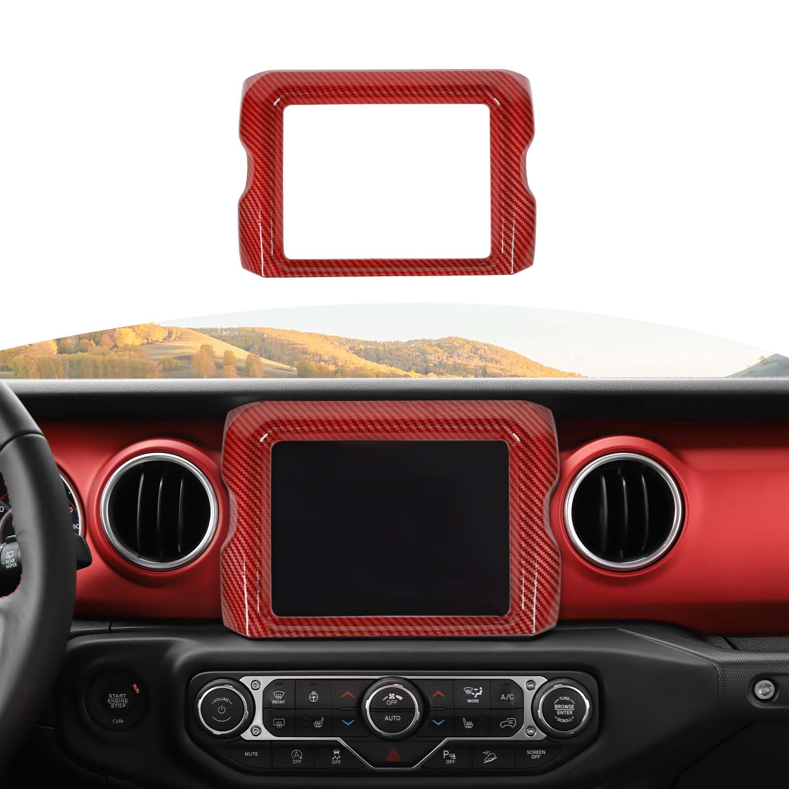Jeep JL Center Console Radio Display Panel Trim Cover - Red Carbon Fiber Interior Accessory for 2018-2023 Wrangler JL JLU & Gladiator JT (8.4 inch) - Upgrade Your Ride with Premium Style & Protection for Off-Road Adventures